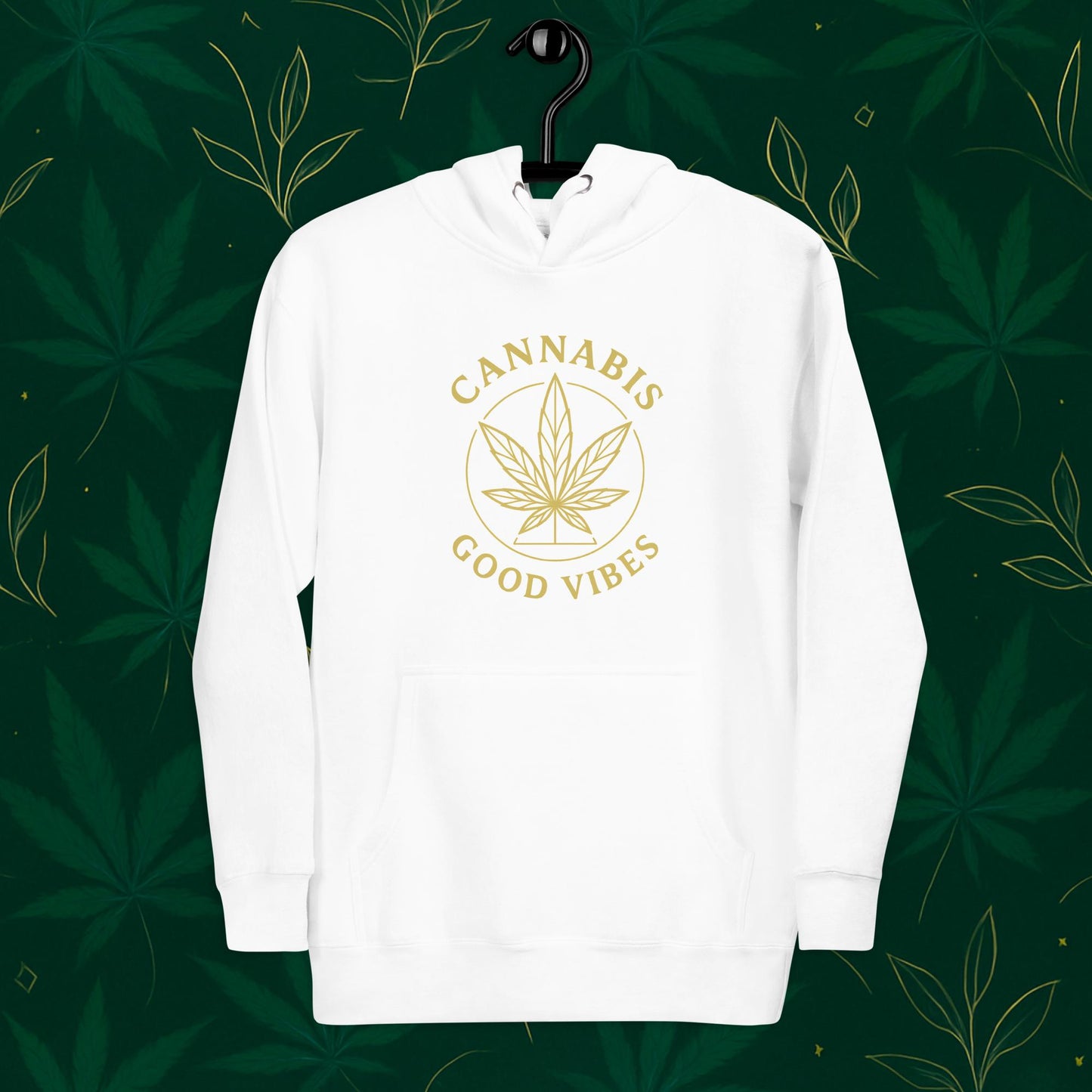 Chill Monkey premium hoodie “Good Vibes” with matte-gold cannabis leaf emblem and circular text, streetwear 420 style, front view, white color.
