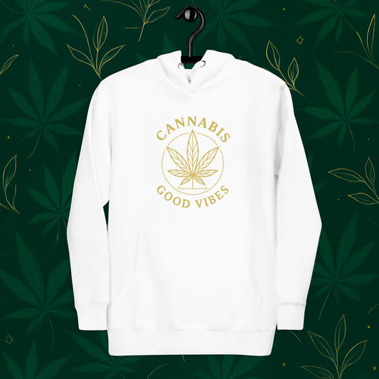 Chill Monkey premium hoodie “Good Vibes” with matte-gold cannabis leaf emblem and circular text, streetwear 420 style, front view, white color.