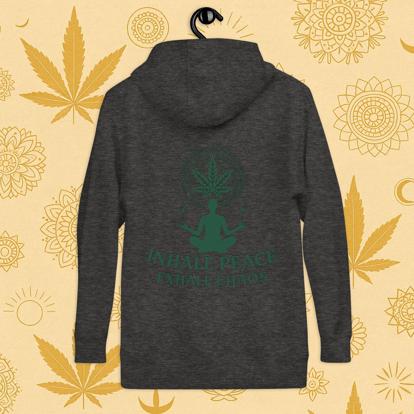 Chill Monkey premium hoodie “Inhale Peace, Exhale Chaos” cannabis 420 yoga design with mandala leaf and meditating silhouette, back print view, choarcoal color.