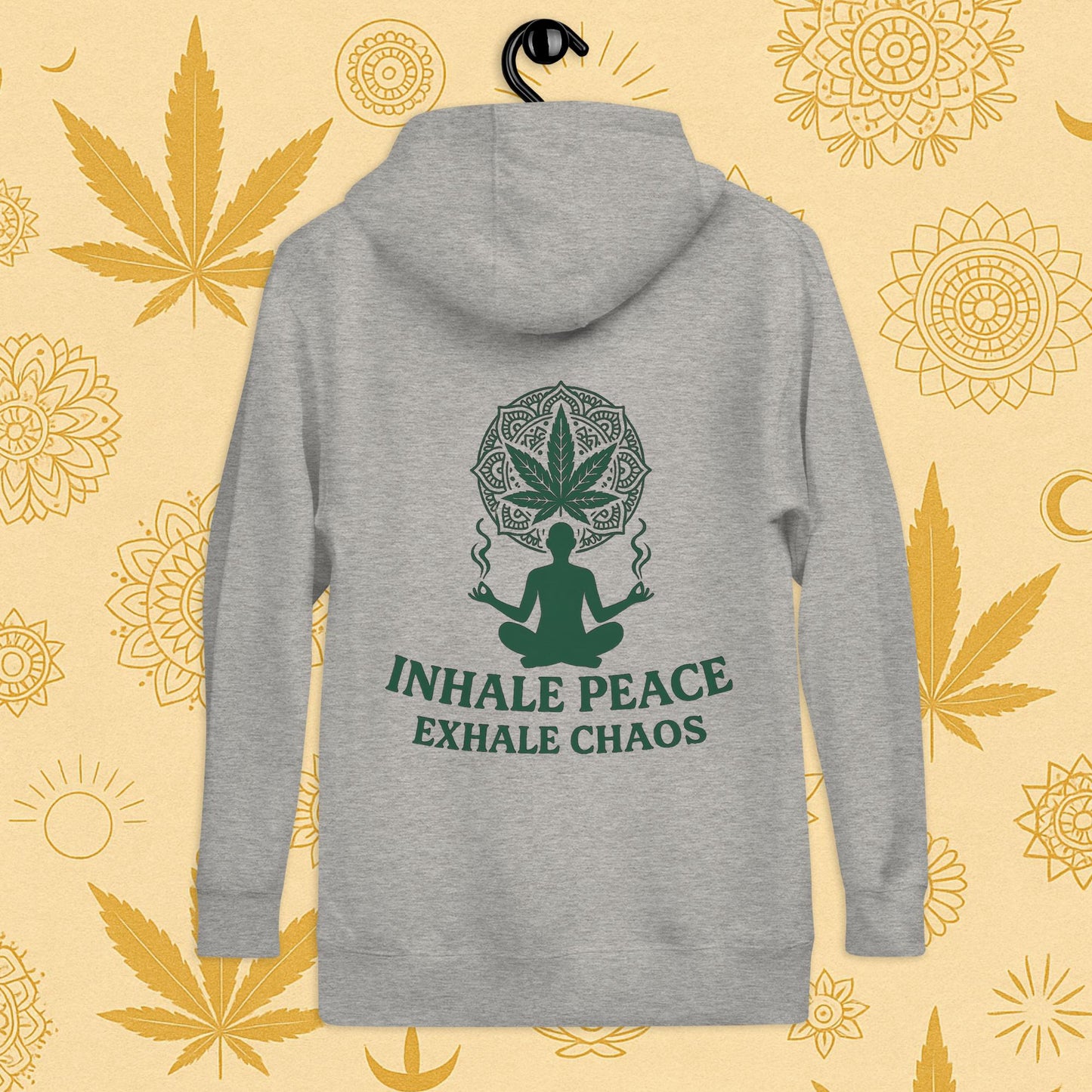 Chill Monkey premium hoodie “Inhale Peace, Exhale Chaos” cannabis 420 yoga design with mandala leaf and meditating silhouette, back print view, grey color.
