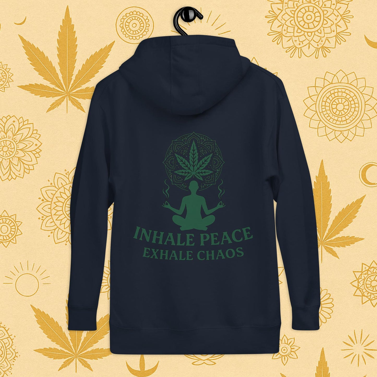 Chill Monkey premium hoodie “Inhale Peace, Exhale Chaos” cannabis 420 yoga design with mandala leaf and meditating silhouette, back print view, navy color.