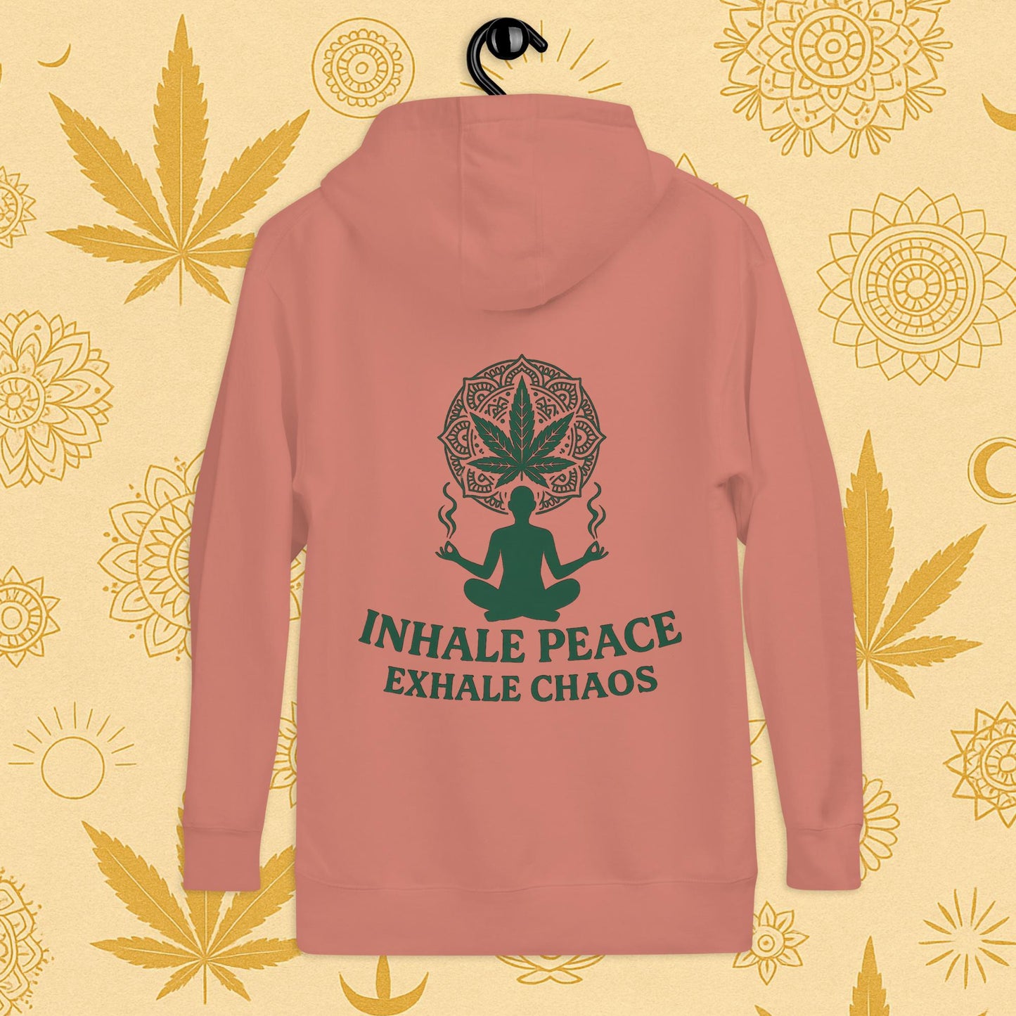 Chill Monkey premium hoodie “Inhale Peace, Exhale Chaos” cannabis 420 yoga design with mandala leaf and meditating silhouette, back print view, pink color.