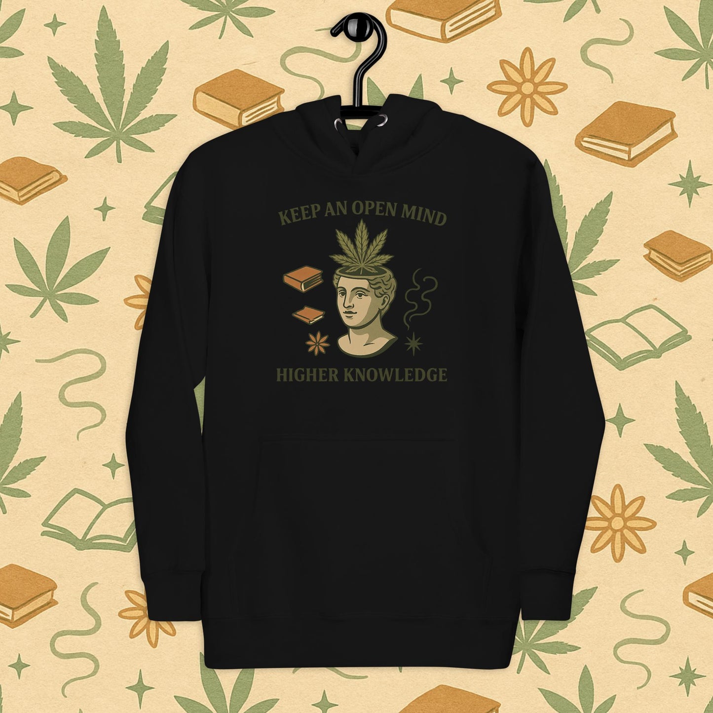 Chill Monkey premium hoodie “Keep an Open Mind – Higher Knowledge” streetwear 420 featuring classical bust with cannabis leaf, front print view, black color.