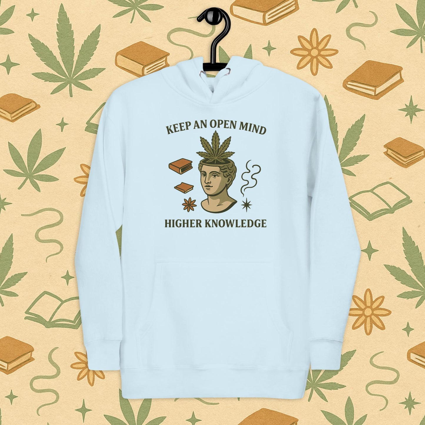 Chill Monkey premium hoodie “Keep an Open Mind – Higher Knowledge” streetwear 420 featuring classical bust with cannabis leaf, front print view, sky blue color.