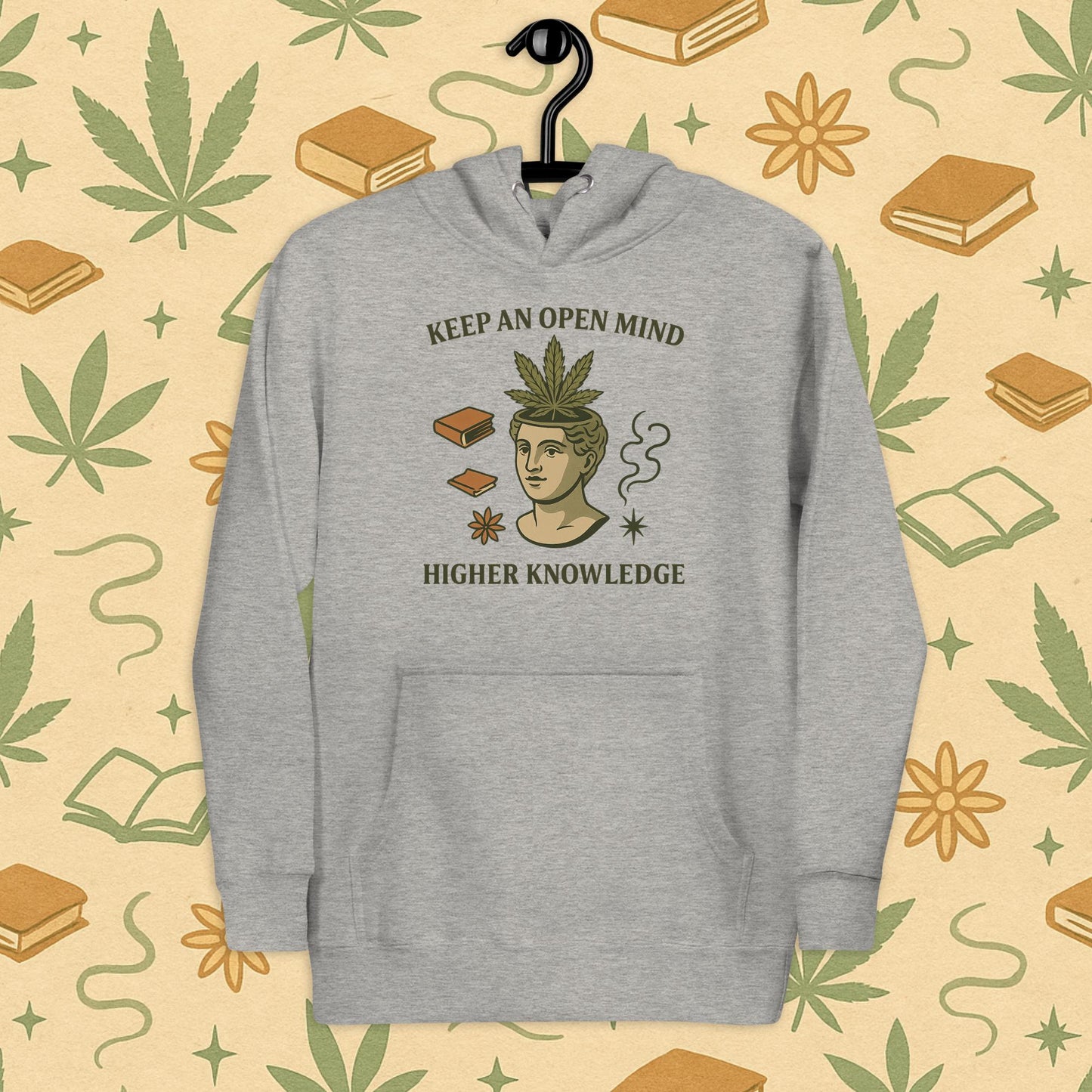 Chill Monkey premium hoodie “Keep an Open Mind – Higher Knowledge” streetwear 420 featuring classical bust with cannabis leaf, front print view, grey color.