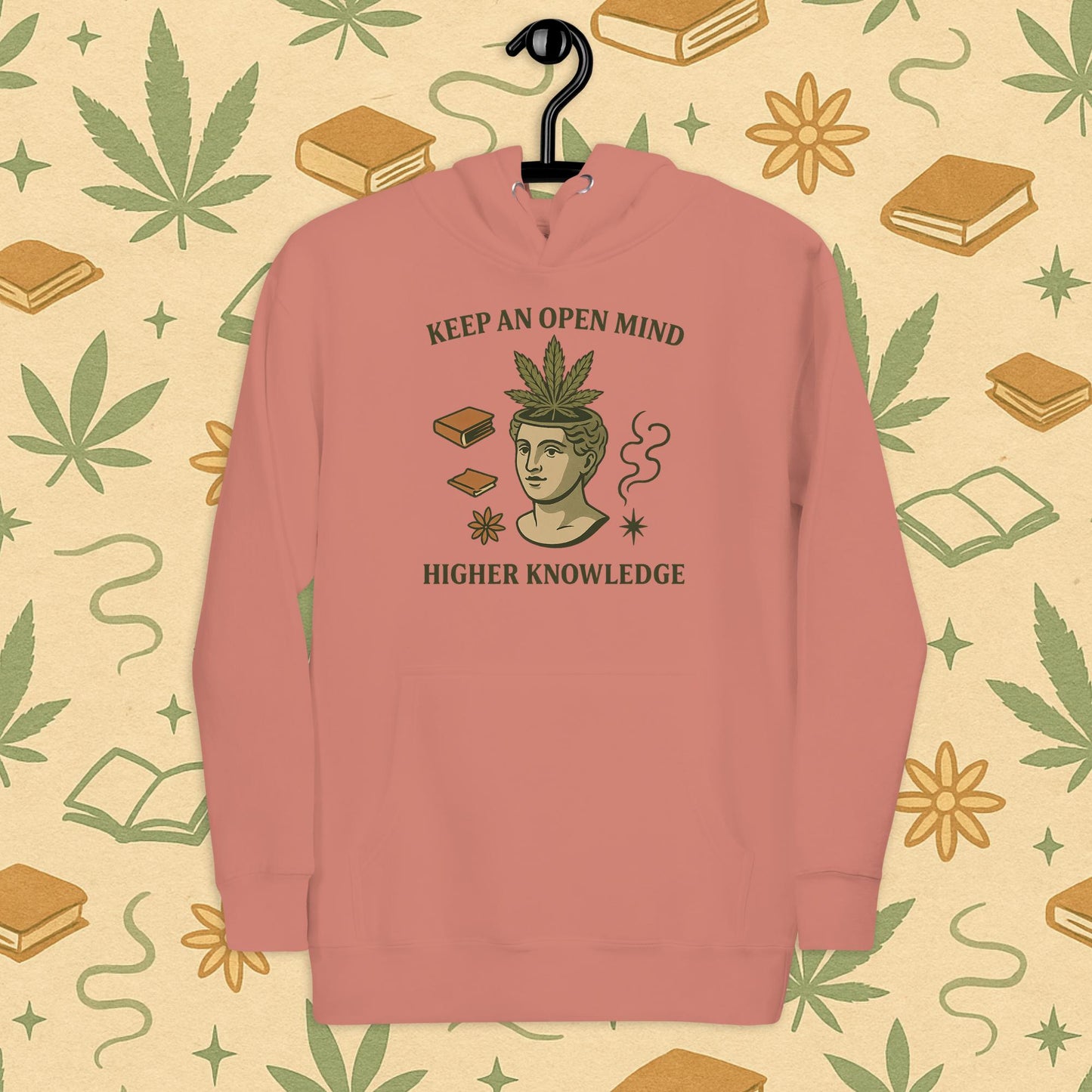 Chill Monkey premium hoodie “Keep an Open Mind – Higher Knowledge” streetwear 420 featuring classical bust with cannabis leaf, front print view, pink color.