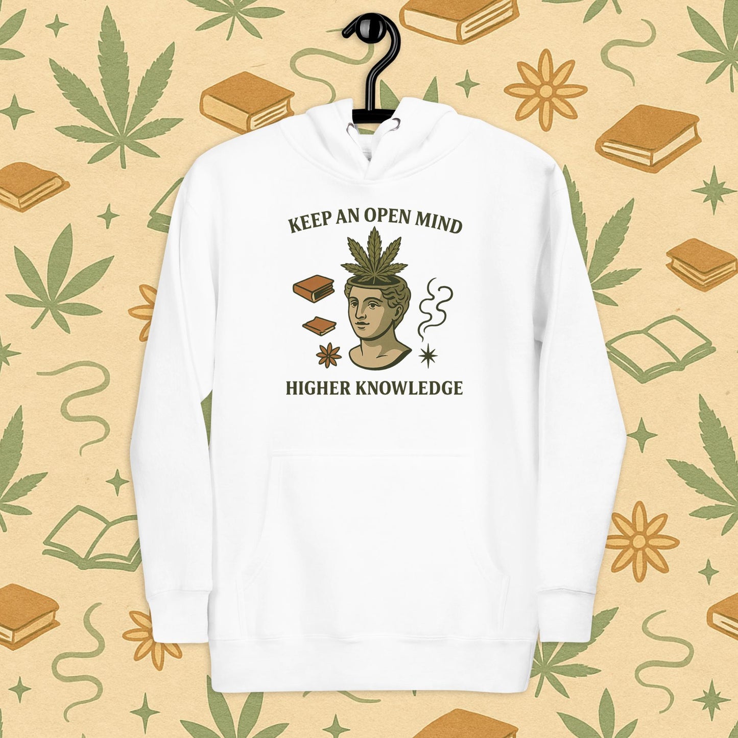 Chill Monkey premium hoodie “Keep an Open Mind – Higher Knowledge” streetwear 420 featuring classical bust with cannabis leaf, front print view, sky white color.