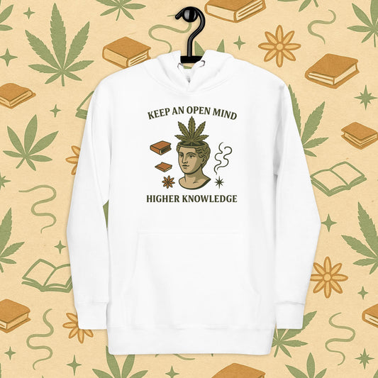 Chill Monkey premium hoodie “Keep an Open Mind – Higher Knowledge” streetwear 420 featuring classical bust with cannabis leaf, front print view, sky white color.