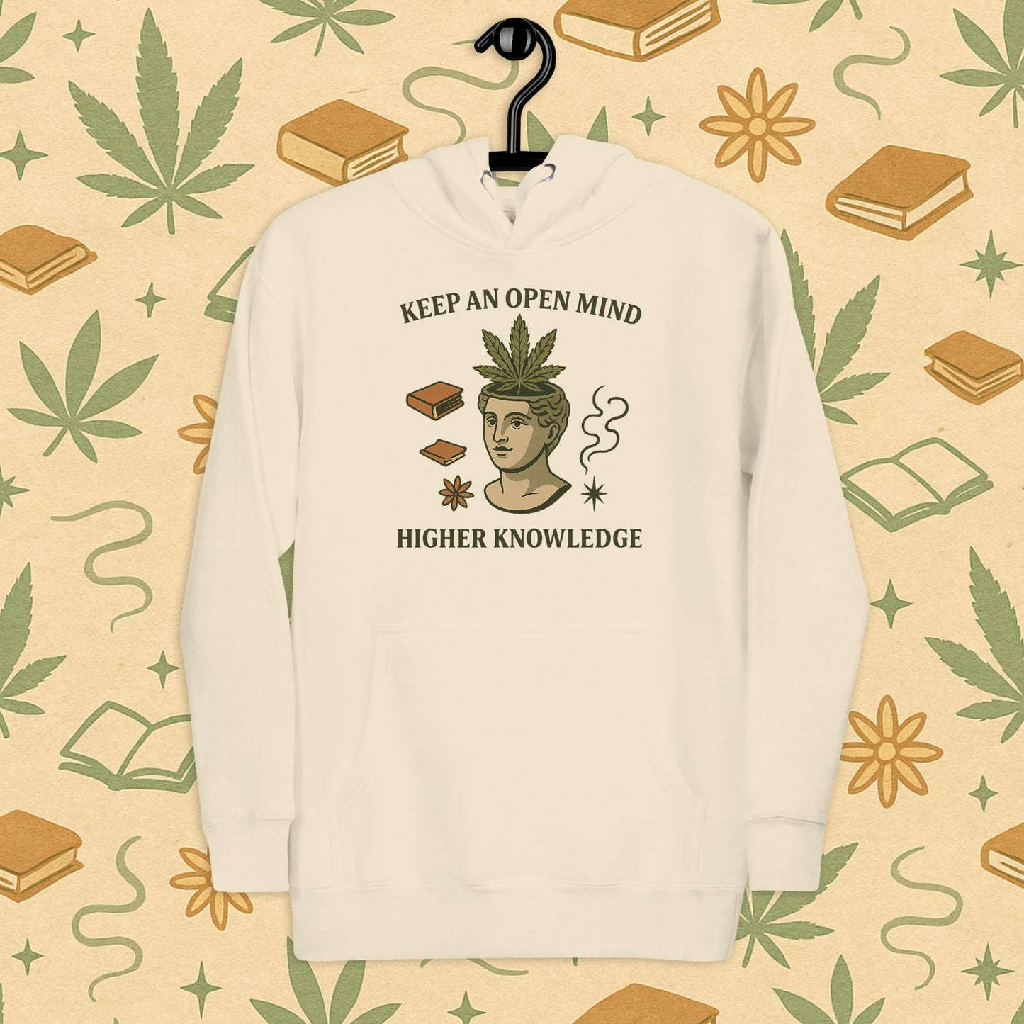 Chill Monkey premium hoodie “Keep an Open Mind – Higher Knowledge” streetwear 420 featuring classical bust with cannabis leaf, front print view, white color.