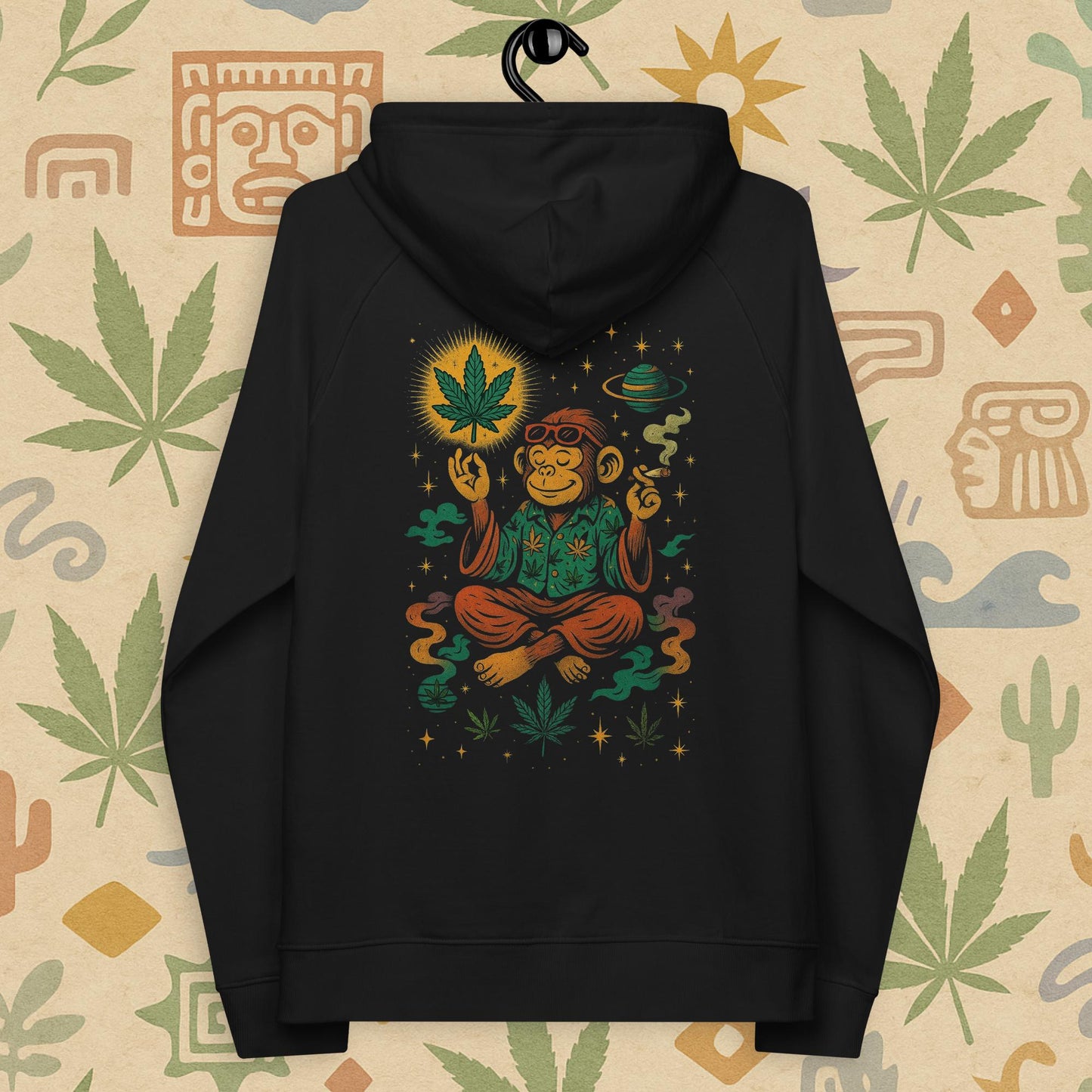 Chill Monkey eco raglan hoodie “Zen Monkey” streetwear 420 featuring meditating monkey, glowing cannabis leaf and cosmic motifs, back print view, black color.