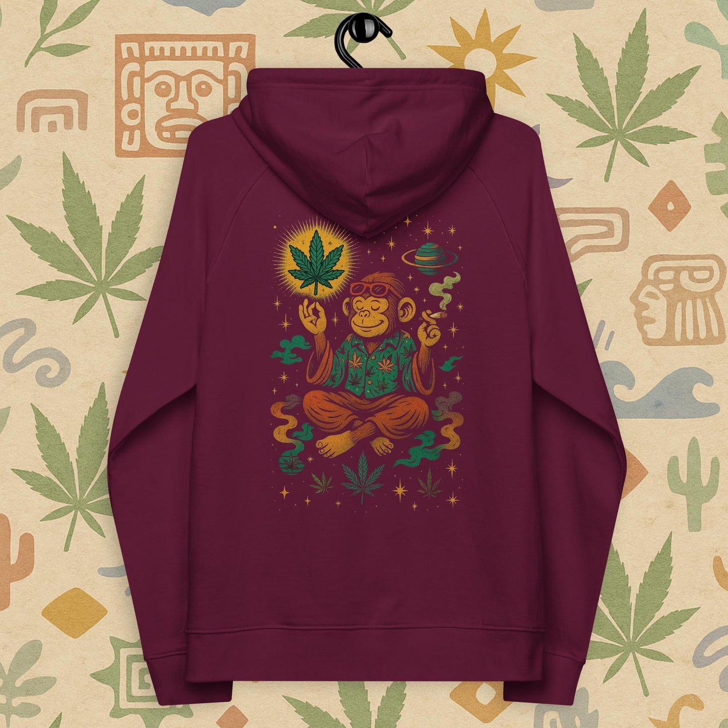 Chill Monkey eco raglan hoodie “Zen Monkey” streetwear 420 featuring meditating monkey, glowing cannabis leaf and cosmic motifs, back print view, burgundy color.