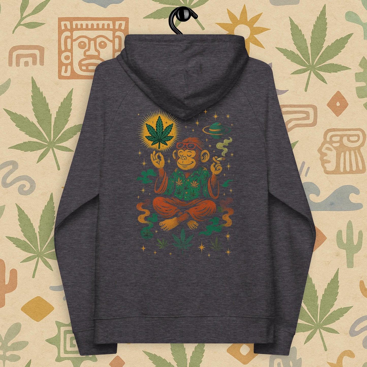 Chill Monkey eco raglan hoodie “Zen Monkey” streetwear 420 featuring meditating monkey, glowing cannabis leaf and cosmic motifs, back print view, melange color.