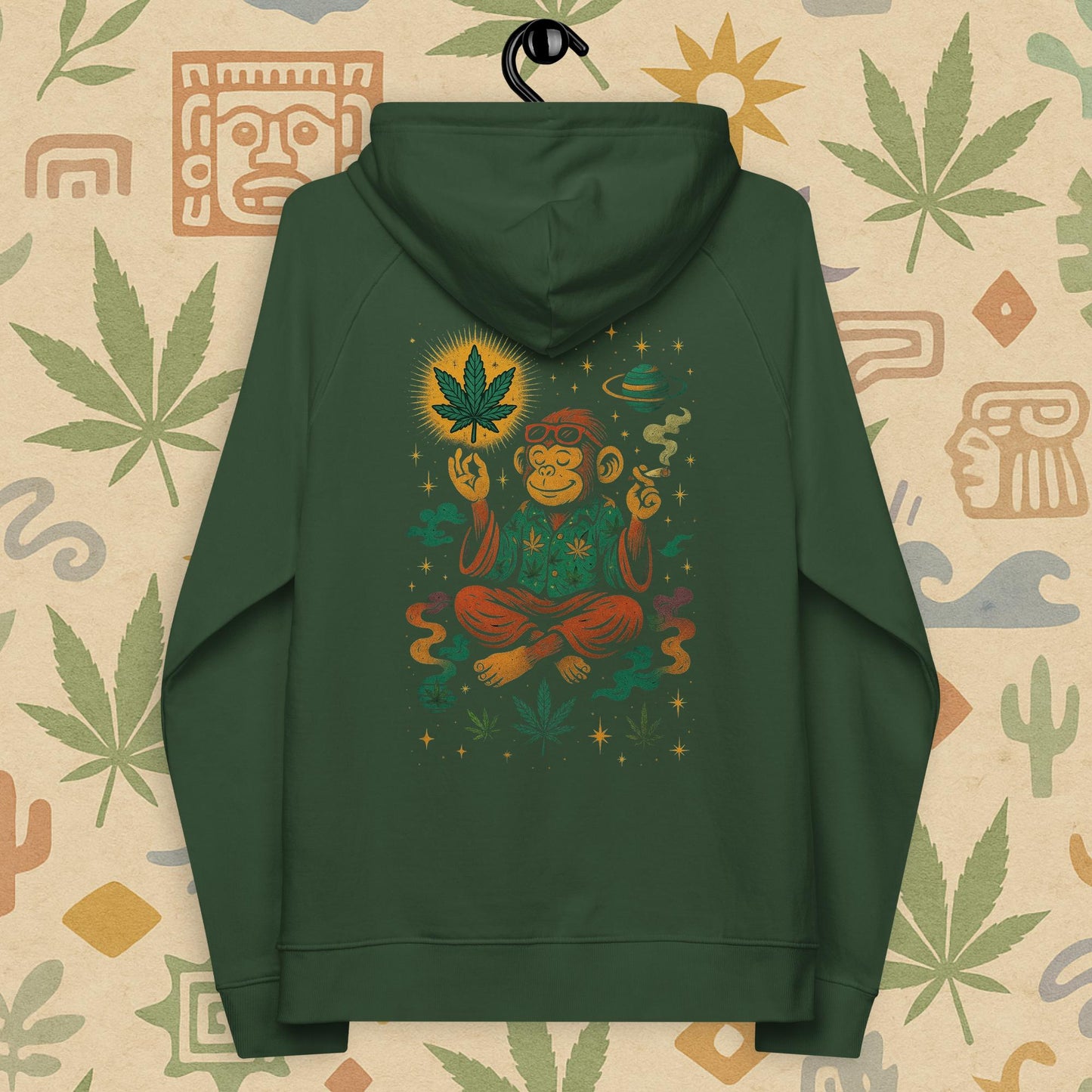 Chill Monkey eco raglan hoodie “Zen Monkey” streetwear 420 featuring meditating monkey, glowing cannabis leaf and cosmic motifs, back print view, green color.