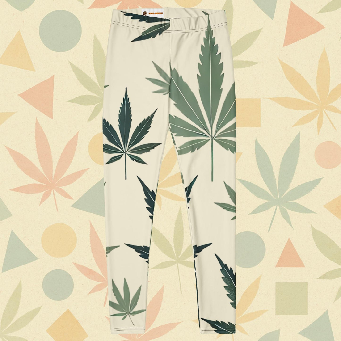 Chill Monkey all-over print leggings with cannabis leaf pattern, streetwear 420 athleisure, front view, white base.