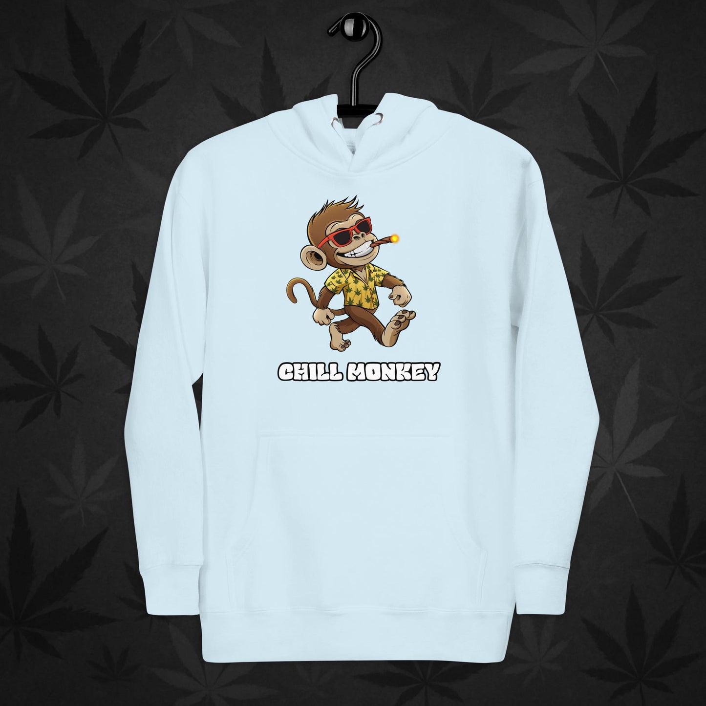 Light blue hoodie with smoking cartoon monkey – Chill Monkey 420 streetwear design