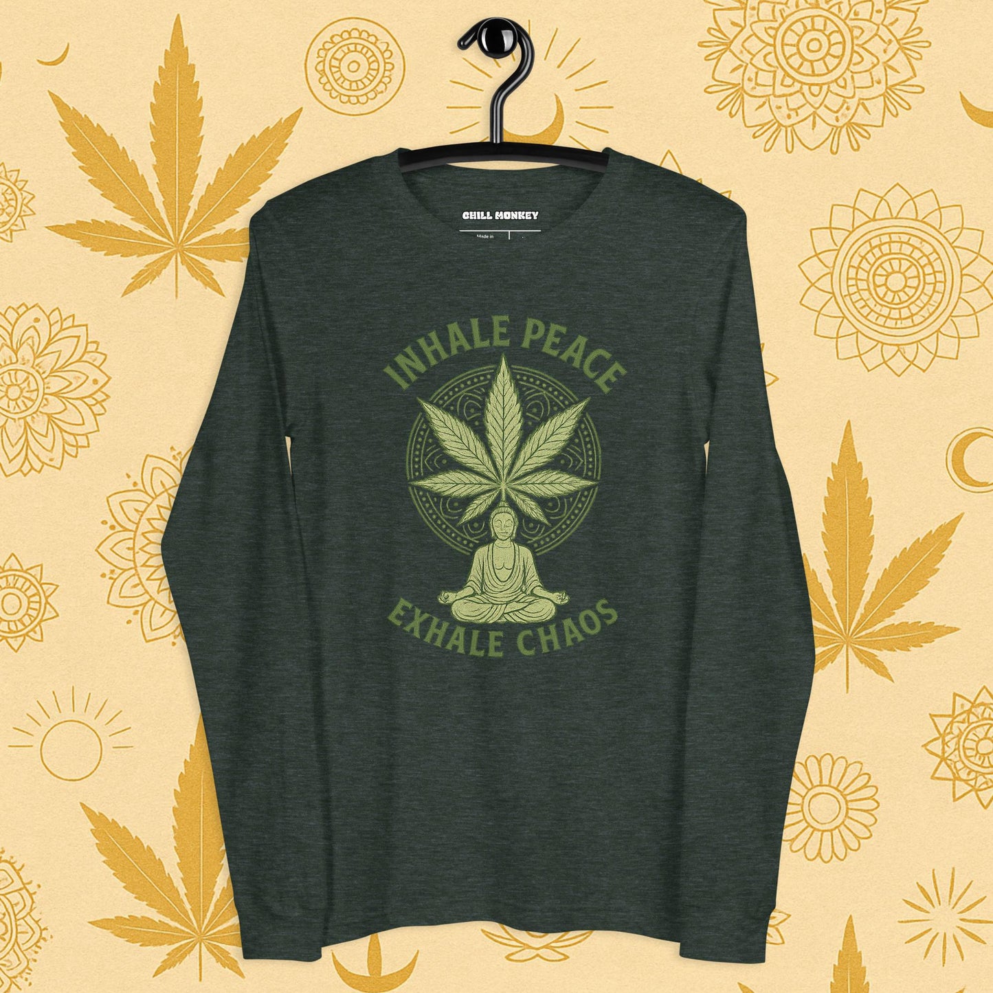 Chill Monkey long sleeve tee “Inhale Peace, Exhale Chaos” cannabis 420 yoga design with mandala leaf and meditating silhouette, front print view, green color.