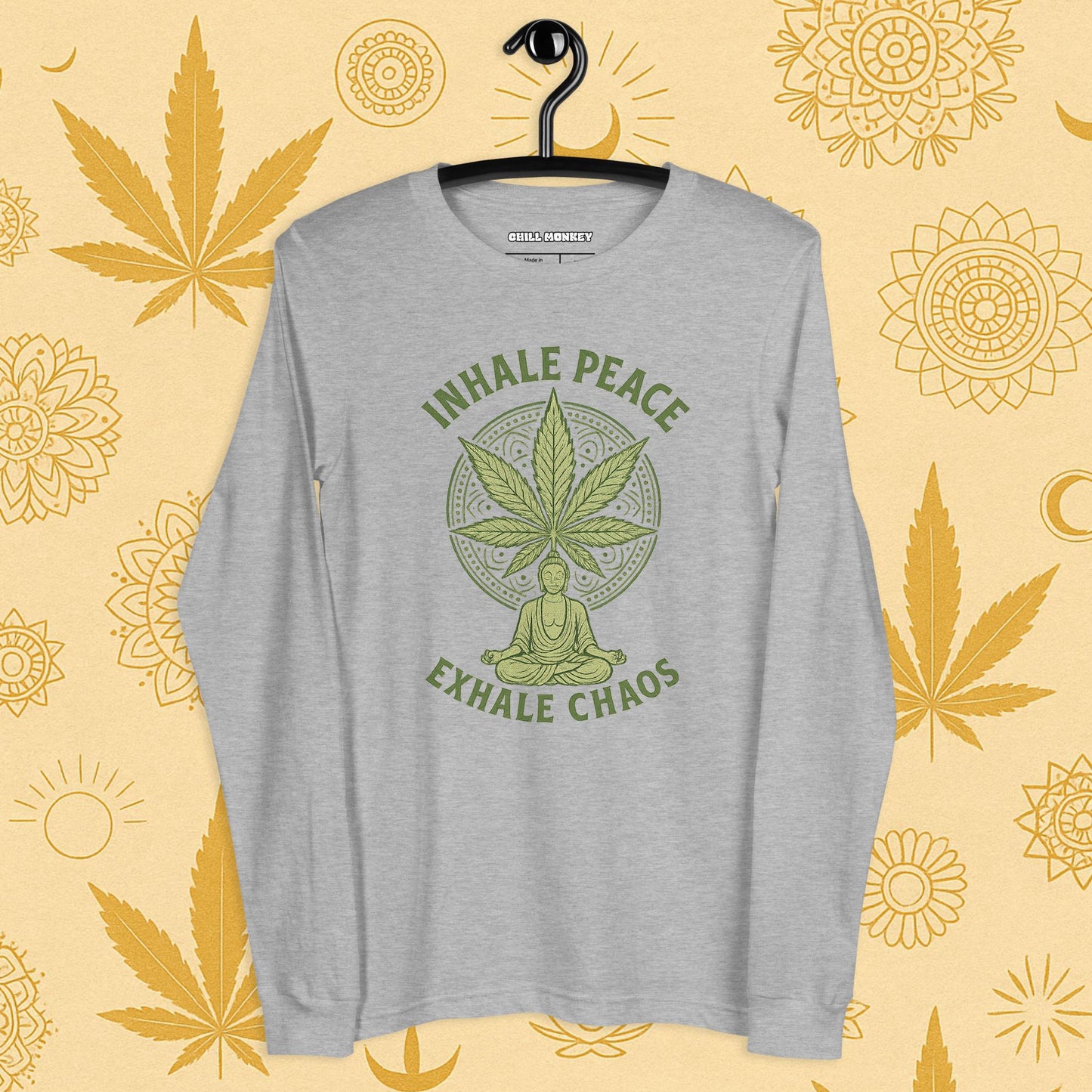 Chill Monkey long sleeve tee “Inhale Peace, Exhale Chaos” cannabis 420 yoga design with mandala leaf and meditating silhouette, front print view, grey color.