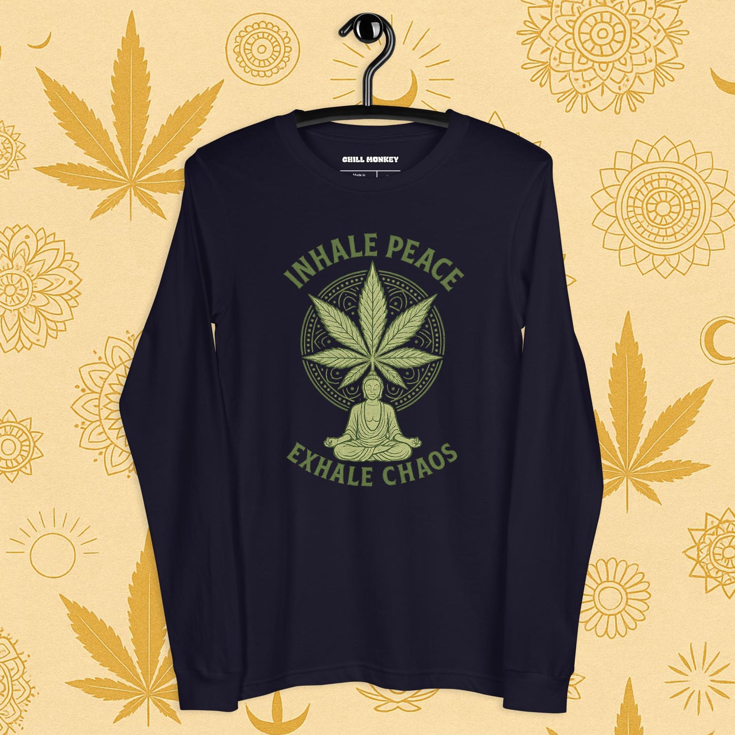 Chill Monkey long sleeve tee “Inhale Peace, Exhale Chaos” cannabis 420 yoga design with mandala leaf and meditating silhouette, front print view, navy color.