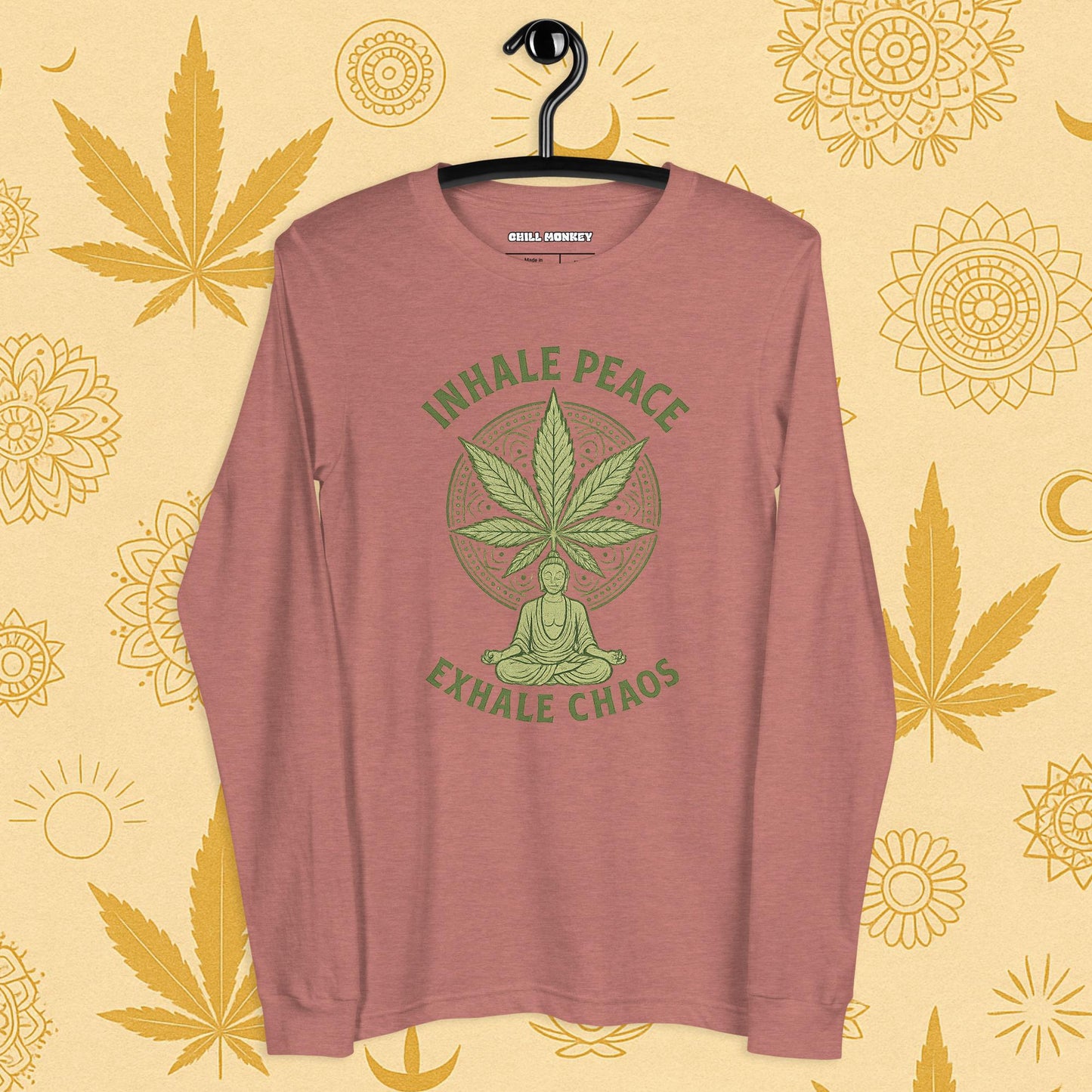 Chill Monkey long sleeve tee “Inhale Peace, Exhale Chaos” cannabis 420 yoga design with mandala leaf and meditating silhouette, front print view, pink color.