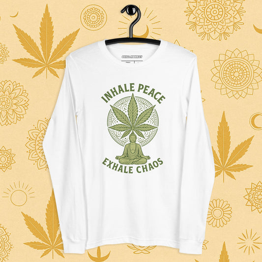 Chill Monkey long sleeve tee “Inhale Peace, Exhale Chaos” cannabis 420 yoga design with mandala leaf and meditating silhouette, front print view, white color.