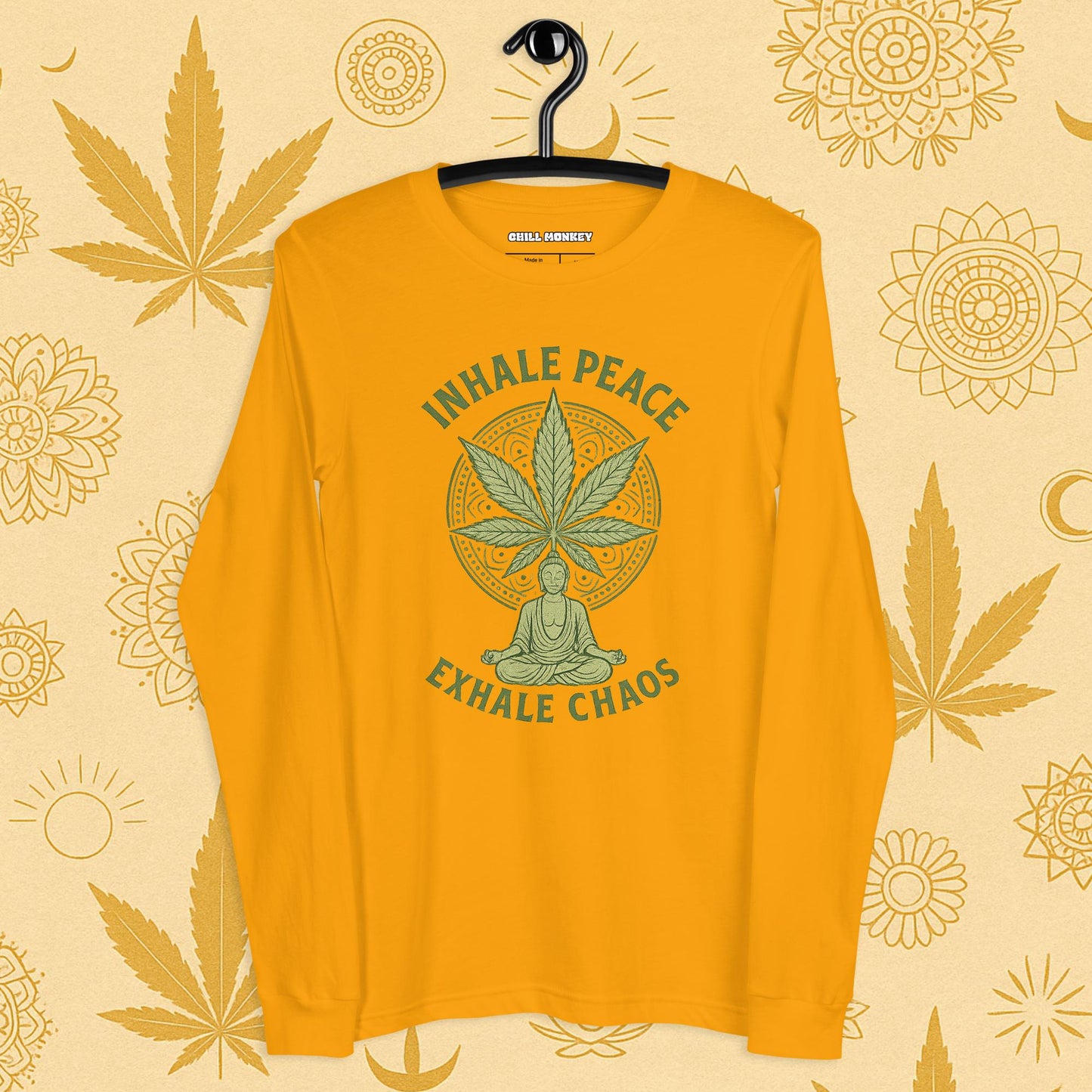 Chill Monkey long sleeve tee “Inhale Peace, Exhale Chaos” cannabis 420 yoga design with mandala leaf and meditating silhouette, front print view, yellow color.