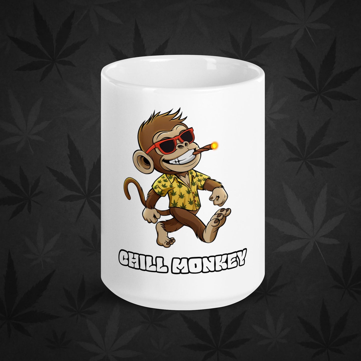 Chill Monkey glossy mug with Chill Monkey mascot smoking cannabis joint, 15-oz white ceramic coffee cup, front view.