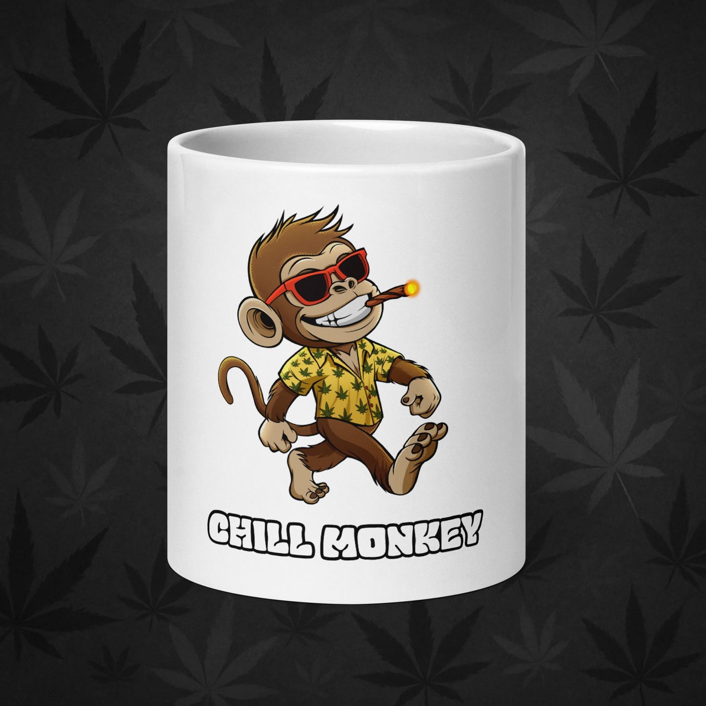 Chill Monkey glossy mug with Chill Monkey mascot smoking cannabis joint, 20-oz white ceramic coffee cup, front view.