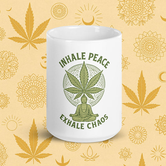 Chill Monkey glossy mug “Inhale Peace, Exhale Chaos” cannabis 420 yoga design with mandala leaf and meditating silhouette, 15-oz white front view.