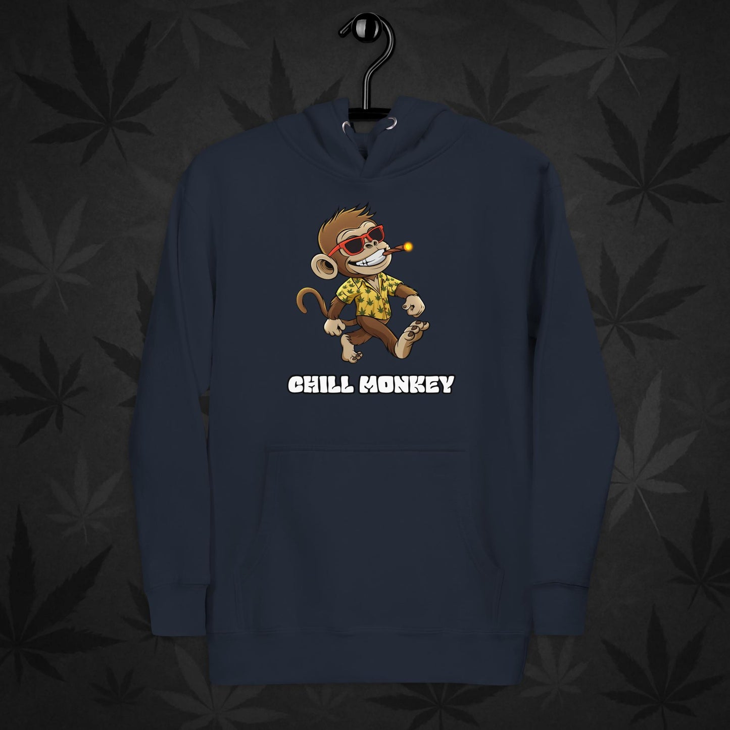 Navy hoodie with smoking cartoon monkey – Chill Monkey 420 streetwear design