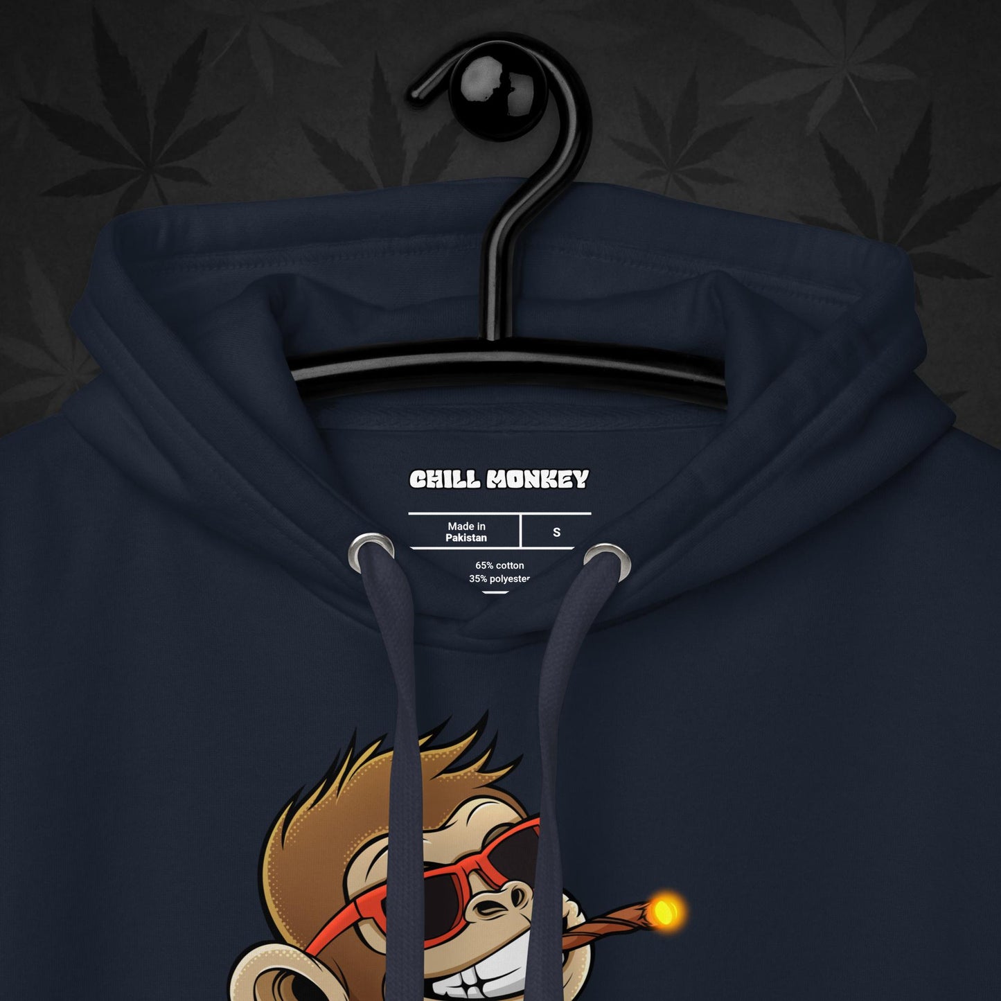 Navy hoodie with smoking cartoon monkey – Chill Monkey 420 streetwear design