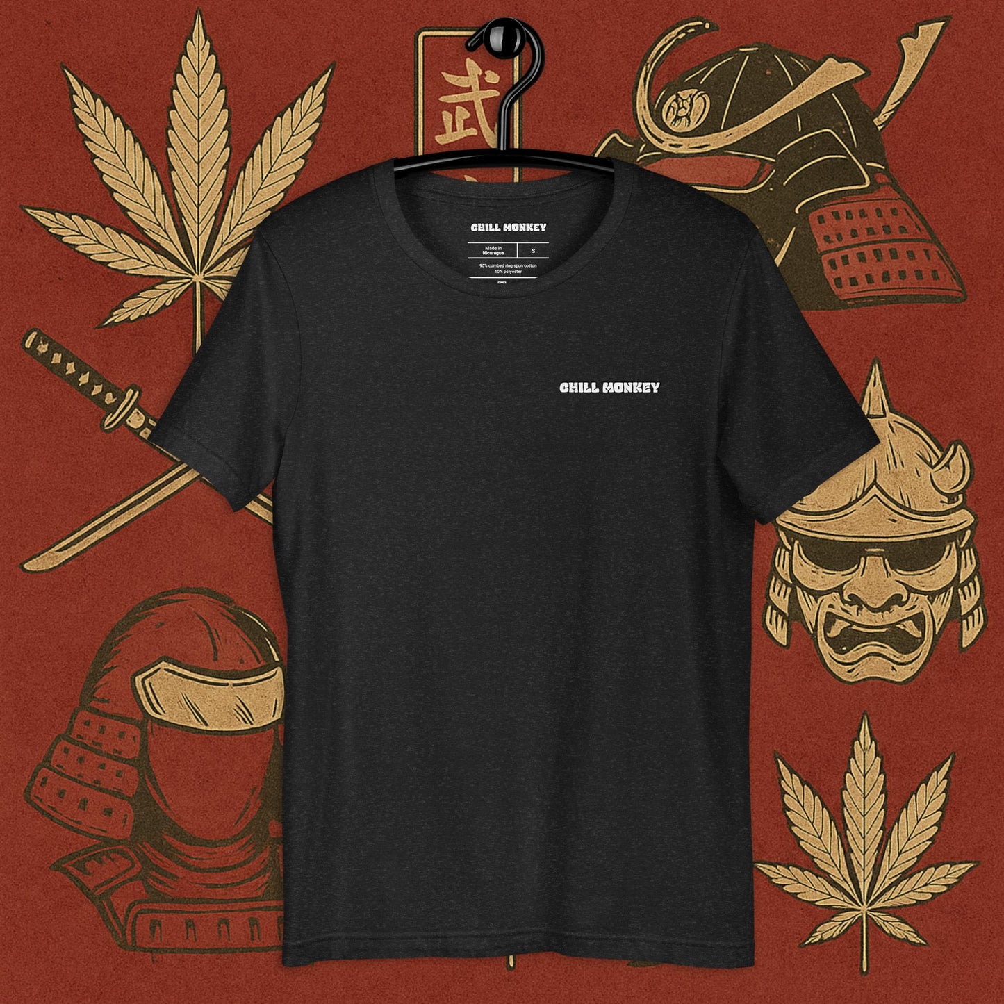 Chill Monkey oversized tee label logo streetwear 420 with samurai monkey smoking cannabis pipe, front print view, faded black color.