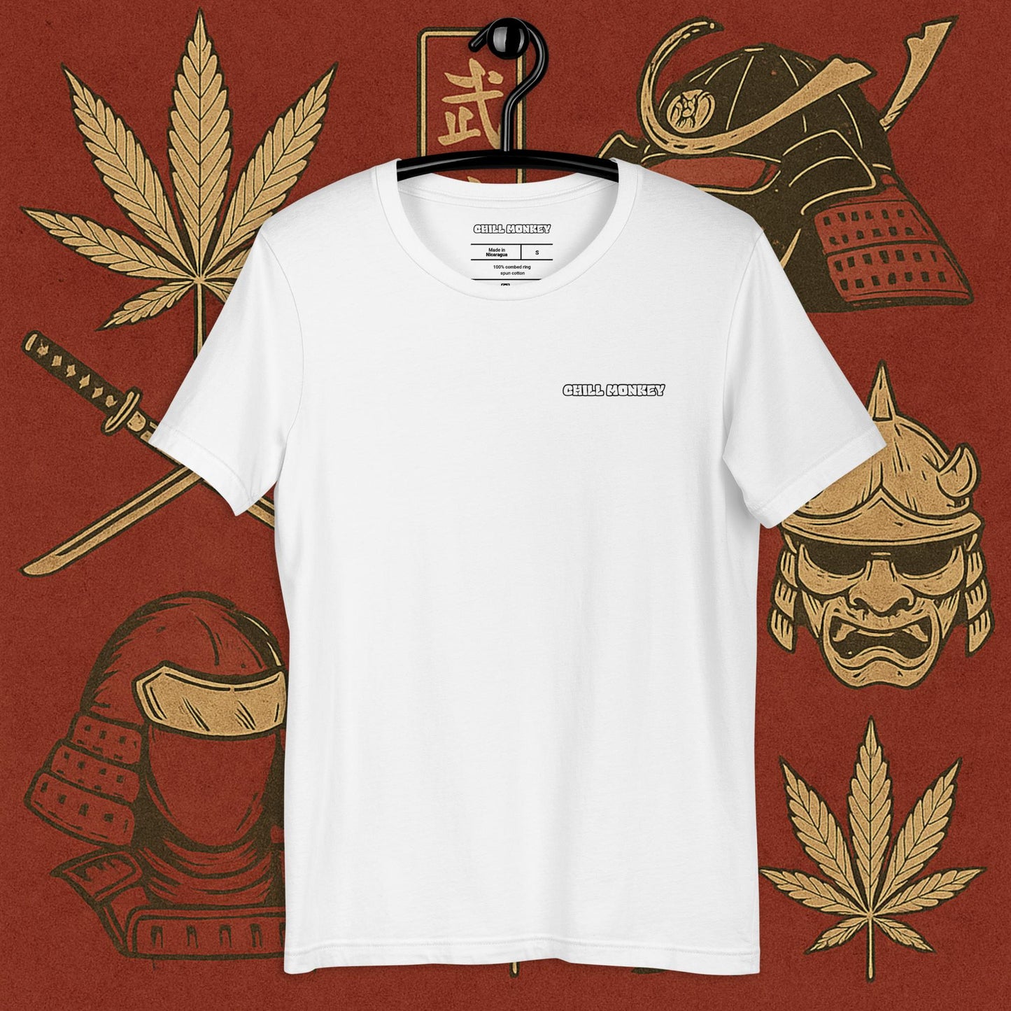 Chill Monkey oversized tee label logo streetwear 420 with samurai monkey smoking cannabis pipe, front print view, faded white color.