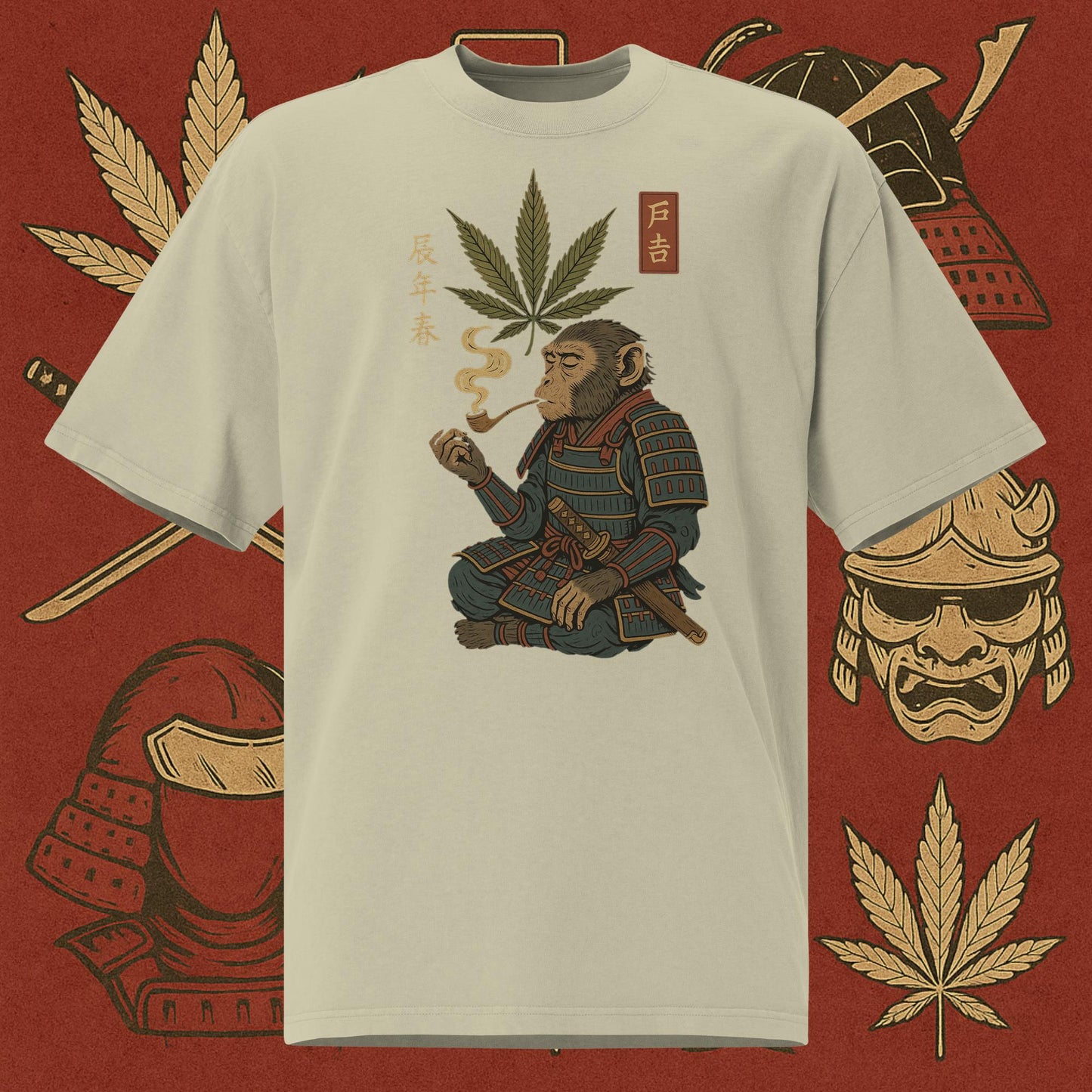Chill Monkey oversized tee featuring Ronin Monkey samurai smoking cannabis leaf, streetwear 420 DTG print, beige color.