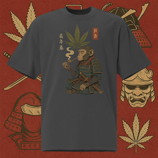 Chill Monkey oversized tee featuring Ronin Monkey samurai smoking cannabis leaf, streetwear 420 DTG print, black color.