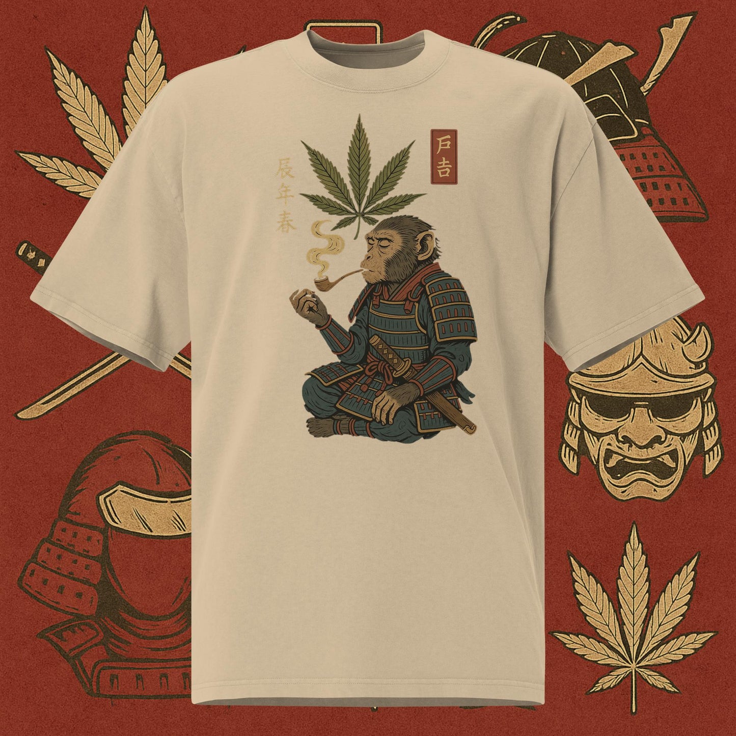 Chill Monkey oversized tee featuring Ronin Monkey samurai smoking cannabis leaf, streetwear 420 DTG print, yellow color.