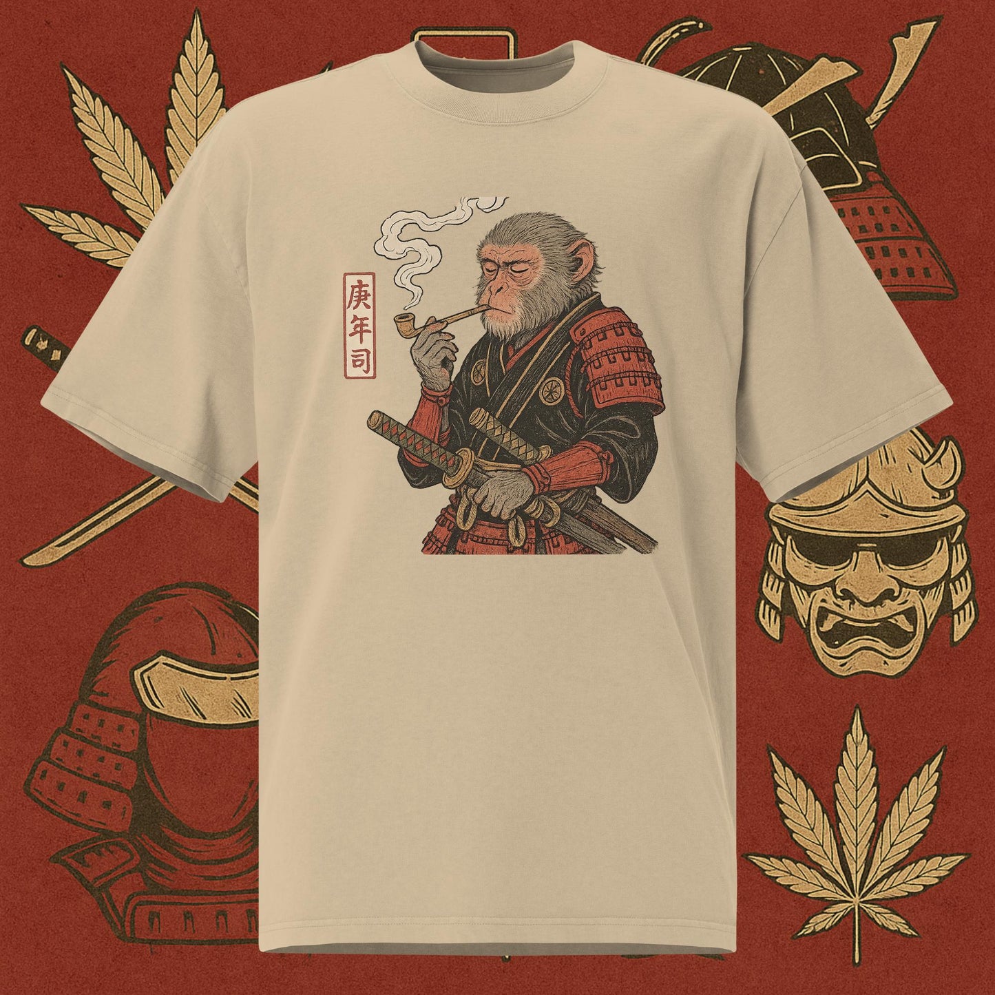 Chill Monkey oversized tee “Warrior Leaf” streetwear 420 with samurai monkey smoking cannabis, DTG print, desert dust color.