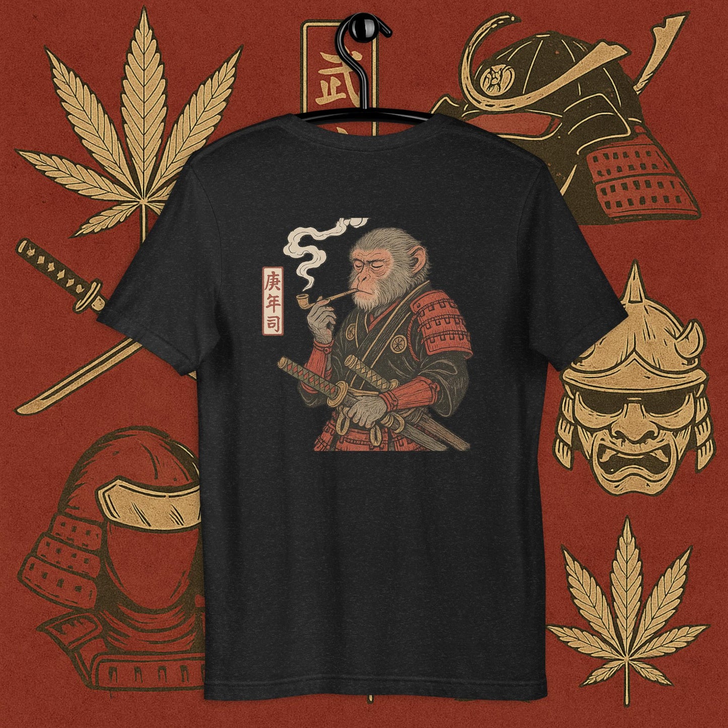Chill Monkey oversized tee “Warrior Leaf” streetwear 420 with samurai monkey smoking cannabis pipe, back print view, faded black color.