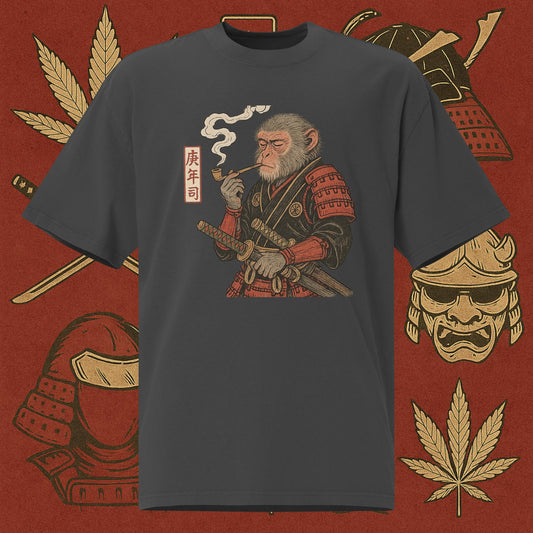 Chill Monkey oversized tee “Warrior Leaf” streetwear 420 with samurai monkey smoking cannabis, DTG print, faded black color.