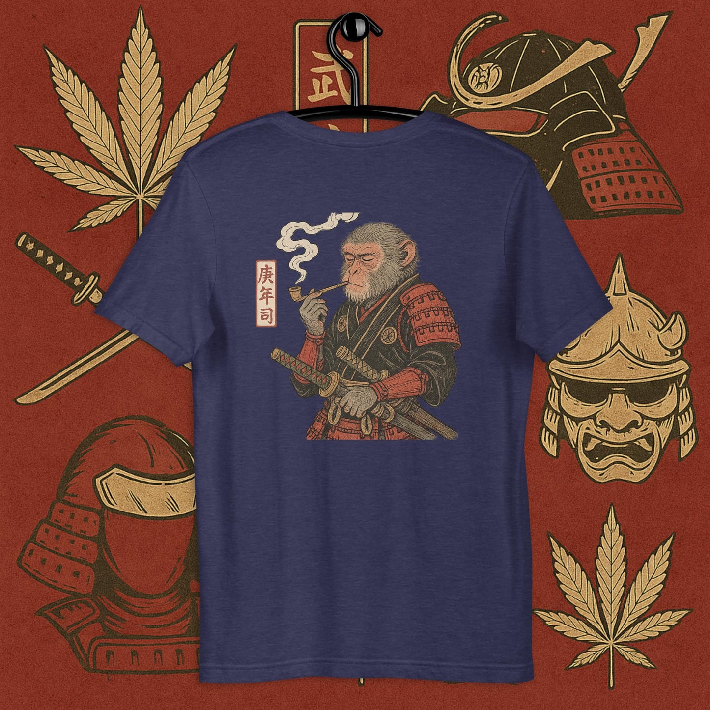 Chill Monkey oversized tee “Warrior Leaf” streetwear 420 with samurai monkey smoking cannabis pipe, back print view, faded blue color.