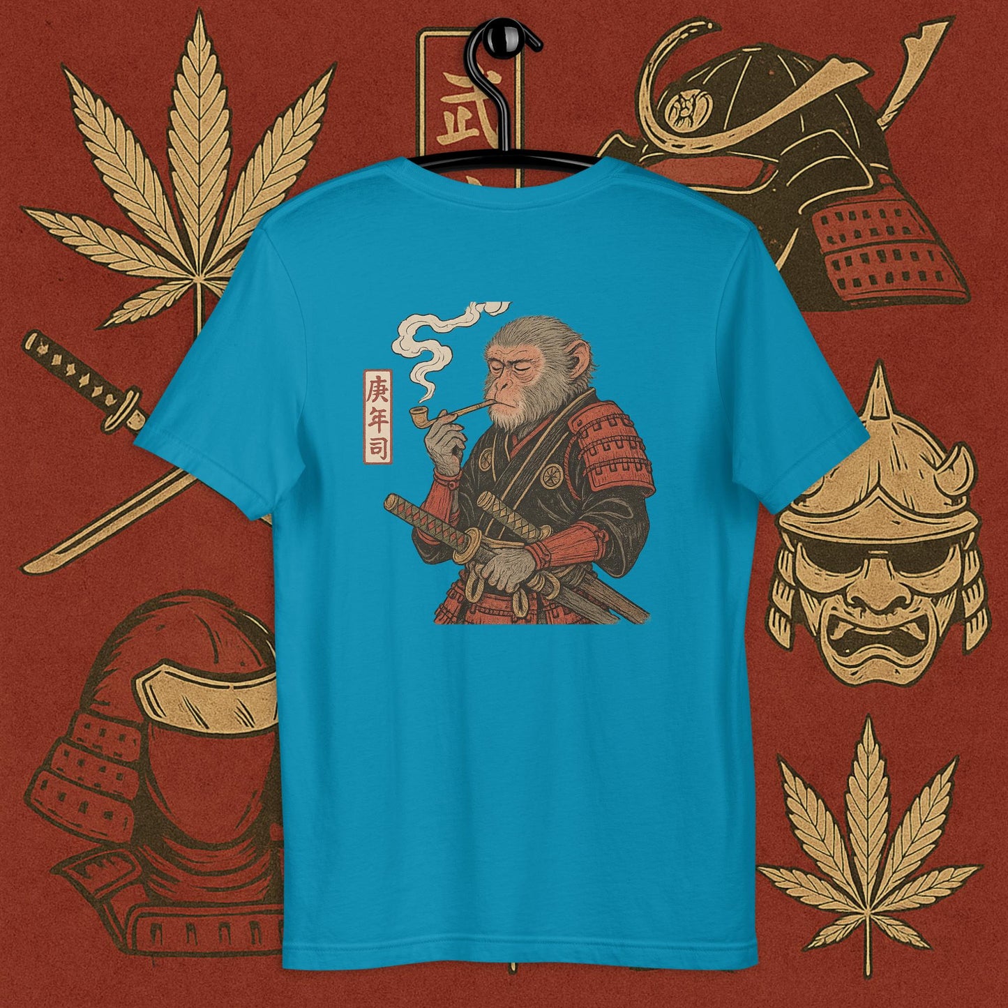 Chill Monkey oversized tee “Warrior Leaf” streetwear 420 with samurai monkey smoking cannabis pipe, back print view, faded blue color.