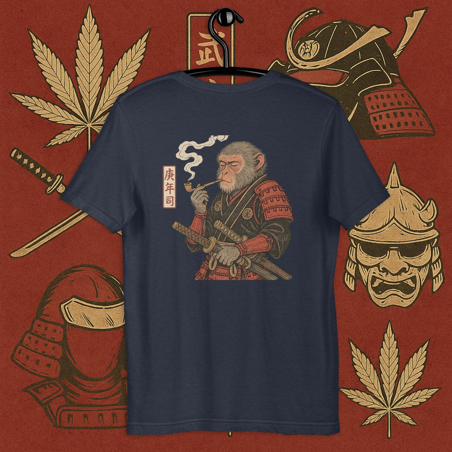 Chill Monkey oversized tee “Warrior Leaf” streetwear 420 with samurai monkey smoking cannabis pipe, back print view, faded navy color.