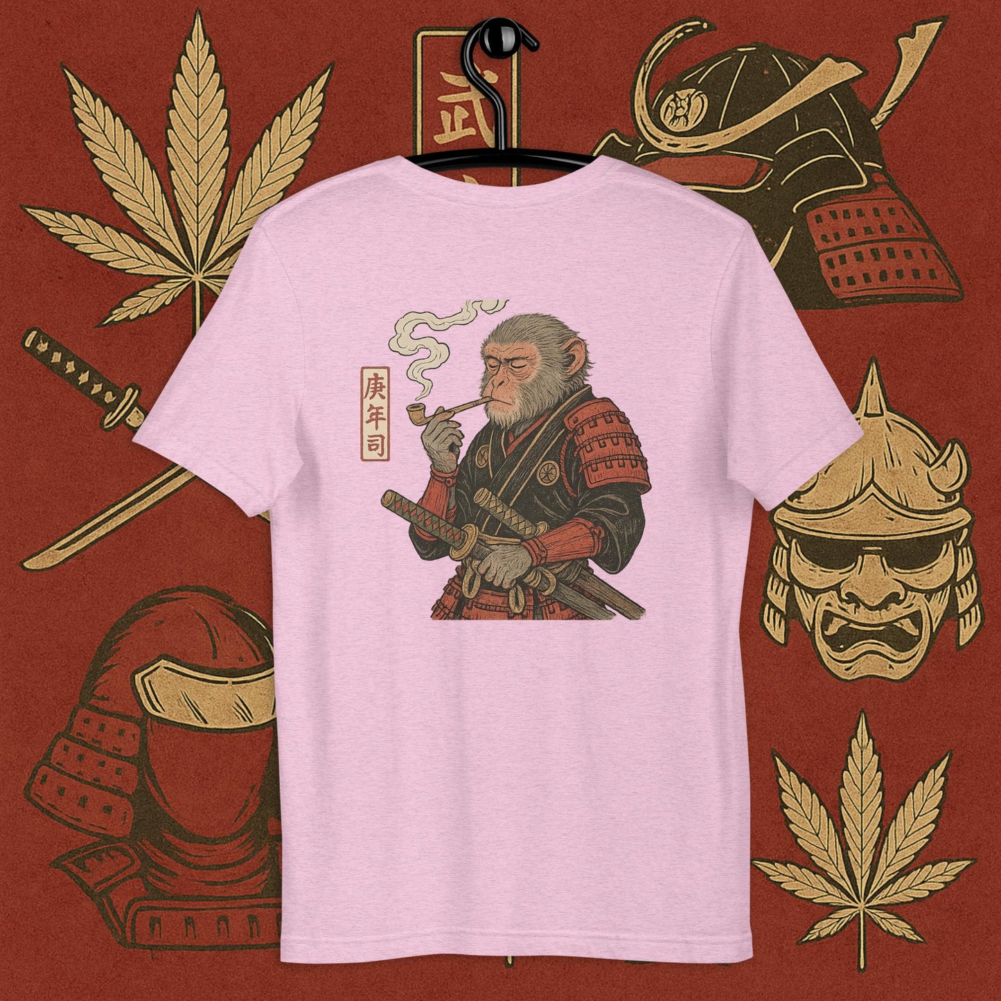 Chill Monkey oversized tee “Warrior Leaf” streetwear 420 with samurai monkey smoking cannabis pipe, back print view, faded pink color.
