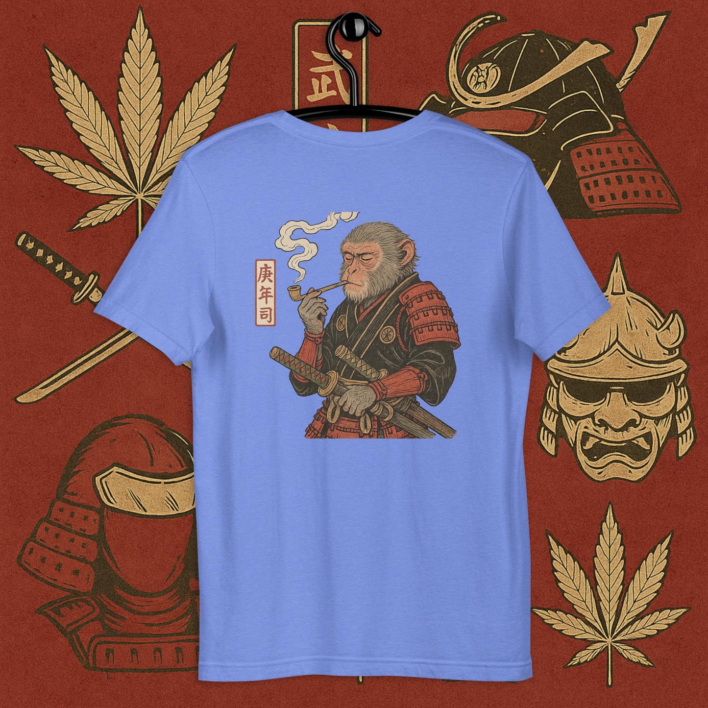 Chill Monkey oversized tee “Warrior Leaf” streetwear 420 with samurai monkey smoking cannabis pipe, back print view, faded purple color.