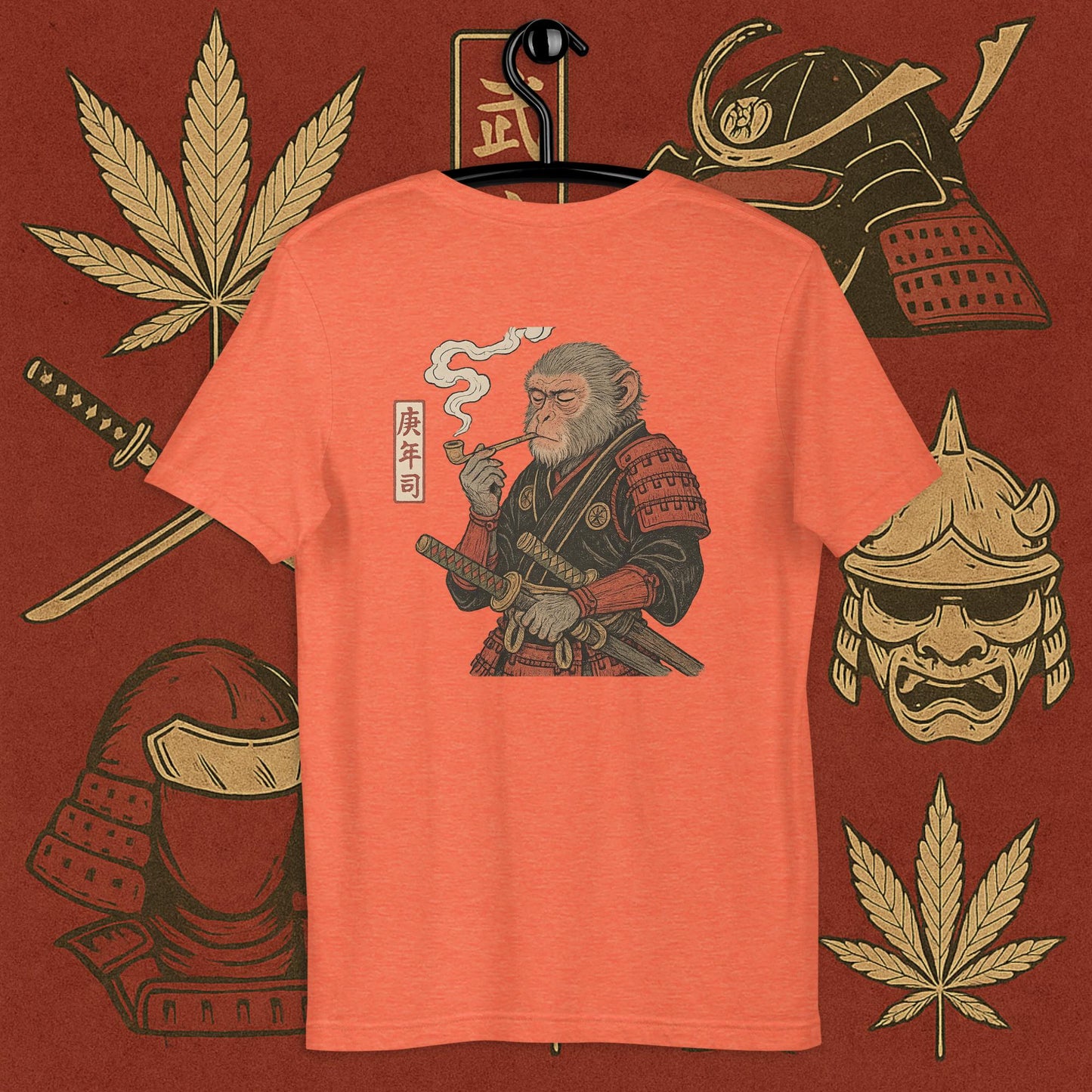 Chill Monkey oversized tee “Warrior Leaf” streetwear 420 with samurai monkey smoking cannabis pipe, back print view, faded salmon color.