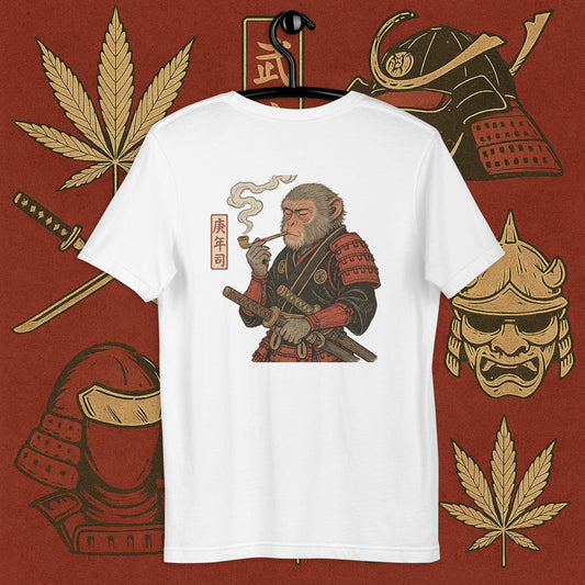 Chill Monkey oversized tee “Warrior Leaf” streetwear 420 with samurai monkey smoking cannabis pipe, back print view, faded white color.