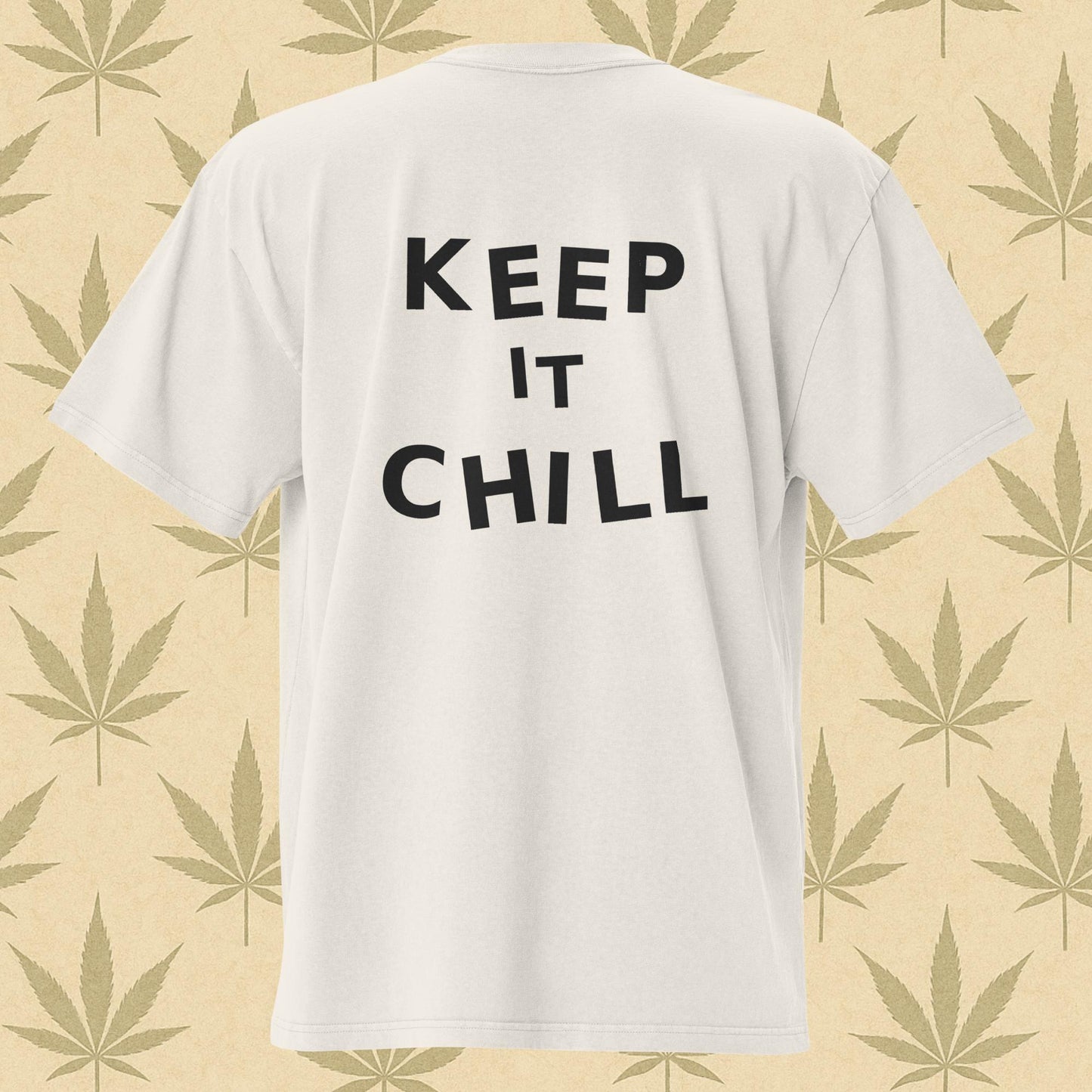 Oversized faded bone-white weed 420 T-shirt with watercolor cannabis bonsai graphic on the front and bold “KEEP IT CHILL” text on the back, perfect stoner streetwear.