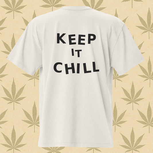 Oversized faded bone-white weed 420 T-shirt with watercolor cannabis bonsai graphic on the front and bold “KEEP IT CHILL” text on the back, perfect stoner streetwear.