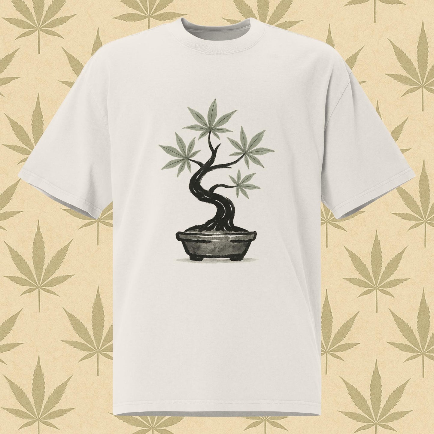 Oversized faded bone-white weed 420 T-shirt with watercolor cannabis bonsai graphic on the front and bold “KEEP IT CHILL” text on the back, perfect stoner streetwear.