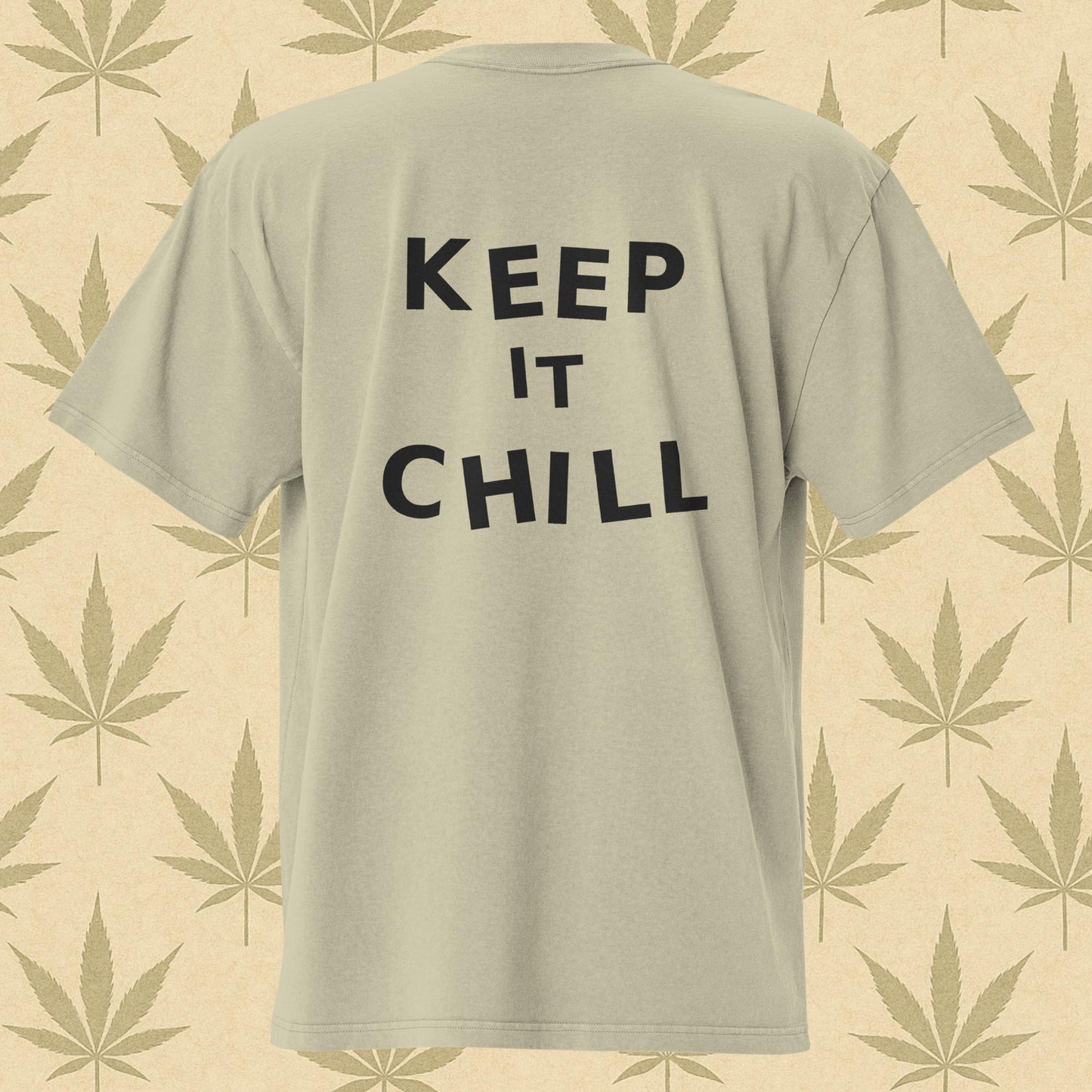 Oversized faded bone-eucalyptus weed 420 T-shirt with watercolor cannabis bonsai graphic on the front and bold “KEEP IT CHILL” text on the back, perfect stoner streetwear.