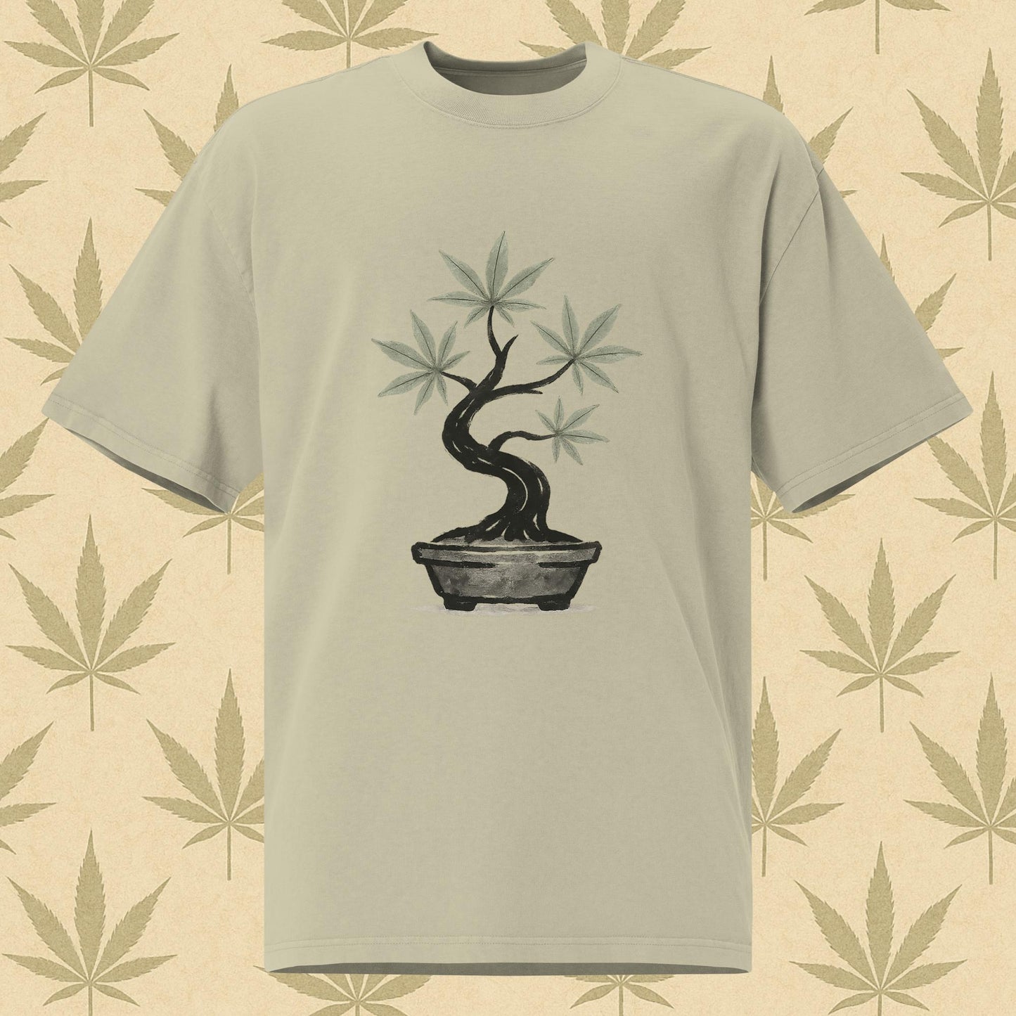 Oversized faded bone-eucalyptus weed 420 T-shirt with watercolor cannabis bonsai graphic on the front and bold “KEEP IT CHILL” text on the back, perfect stoner streetwear.